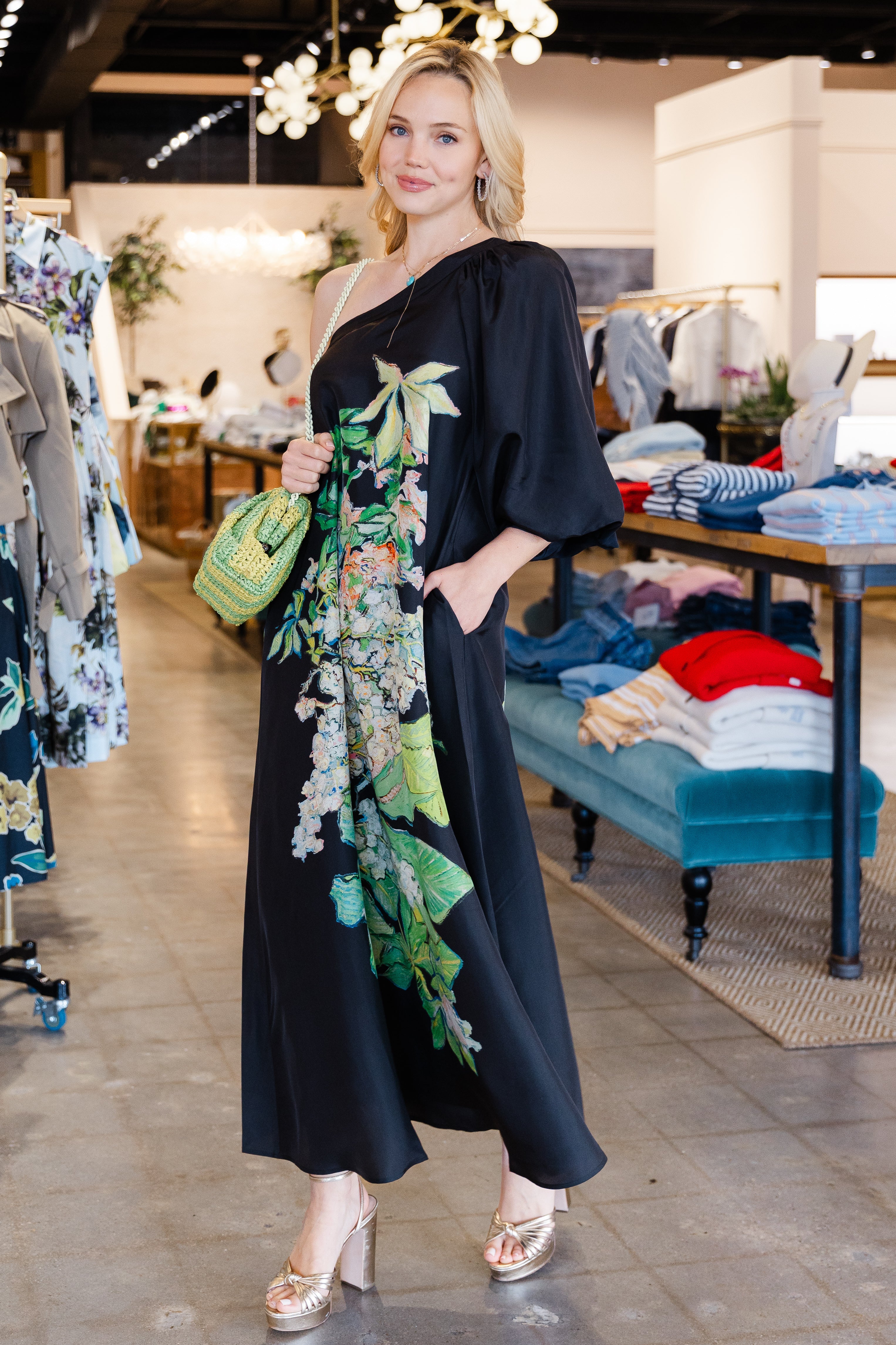 One Shoulder Floral Print Dress - Black