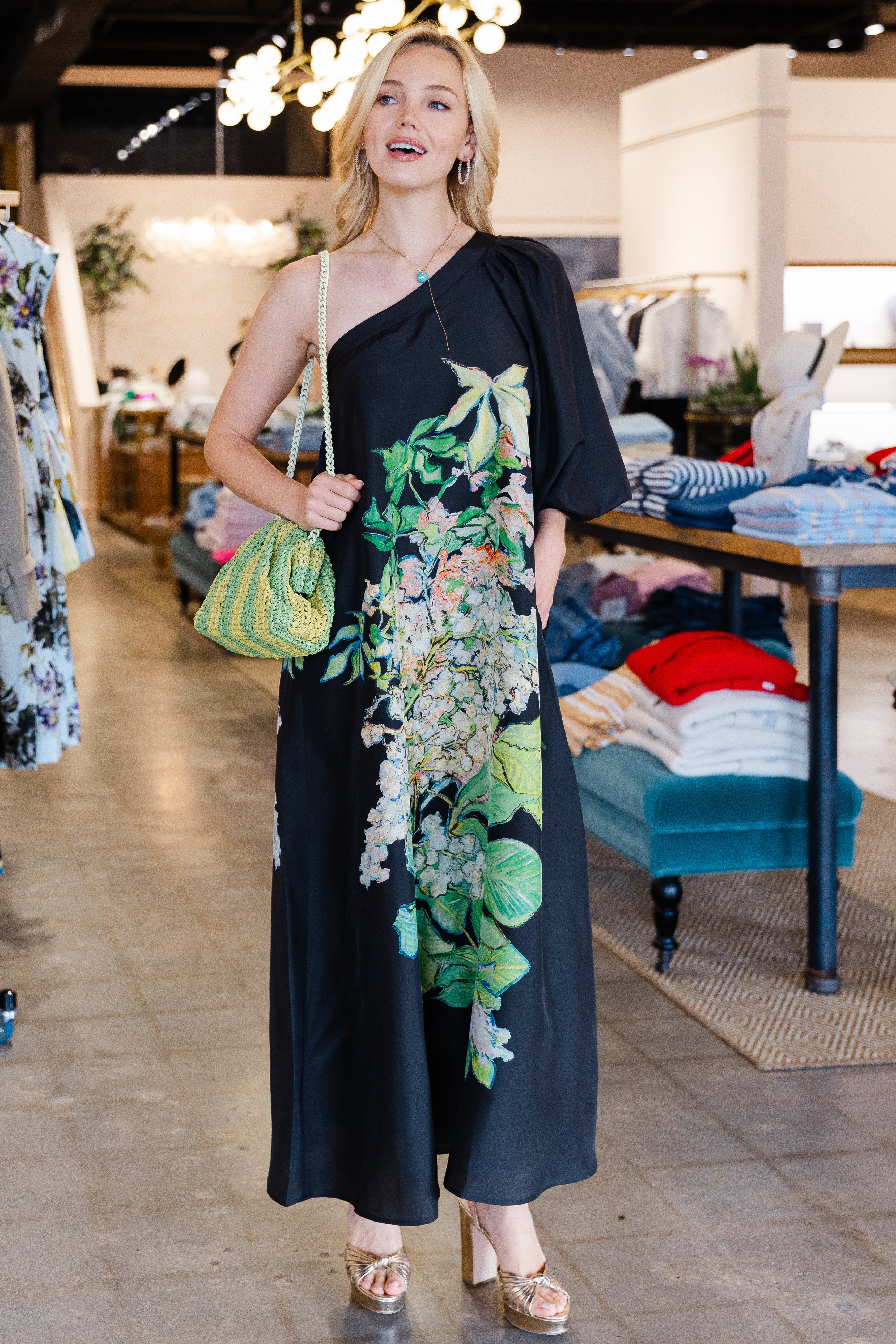 One Shoulder Floral Print Dress - Black