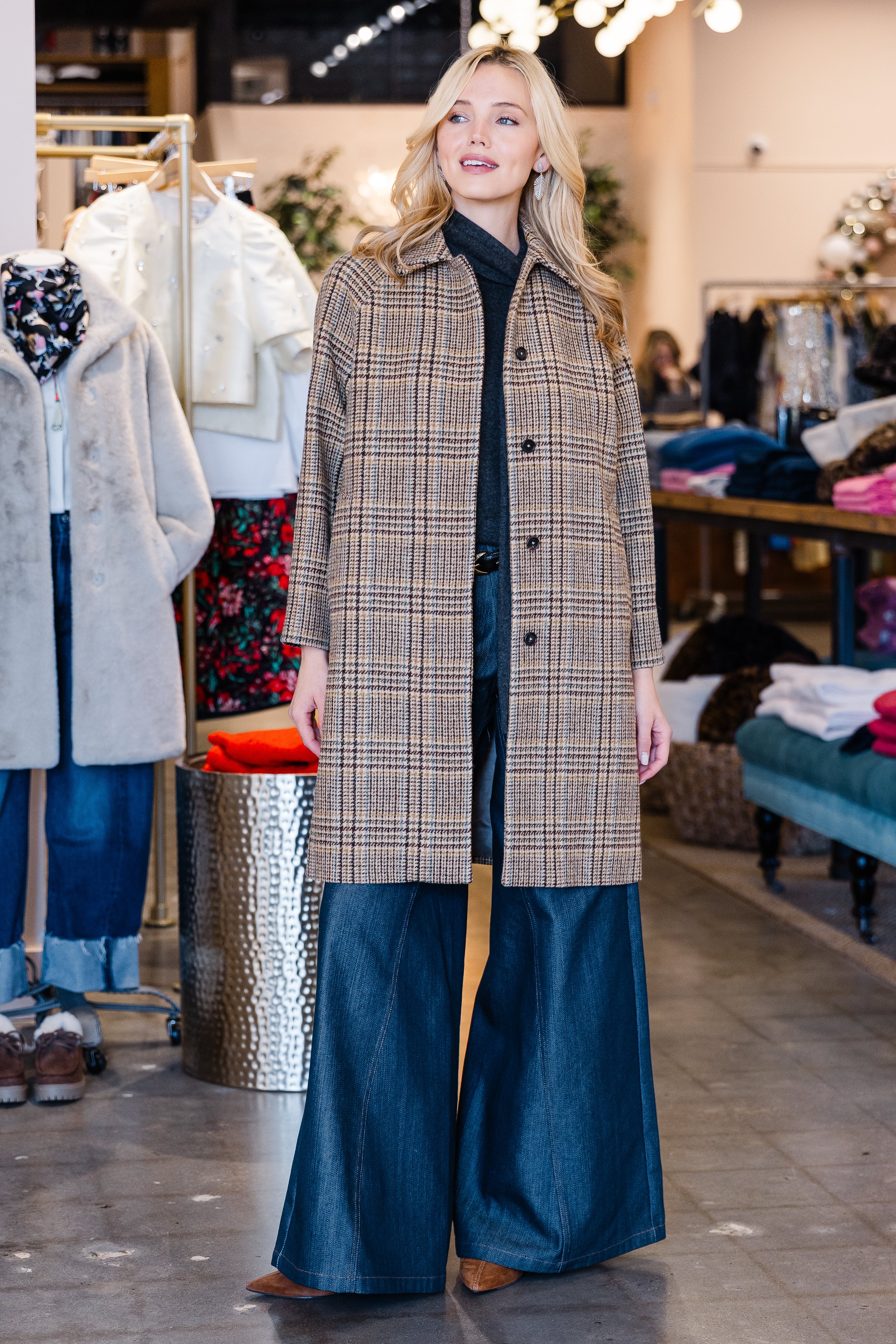 Balmacaan Coat - Brown/Sky Glem Plaid Tweed