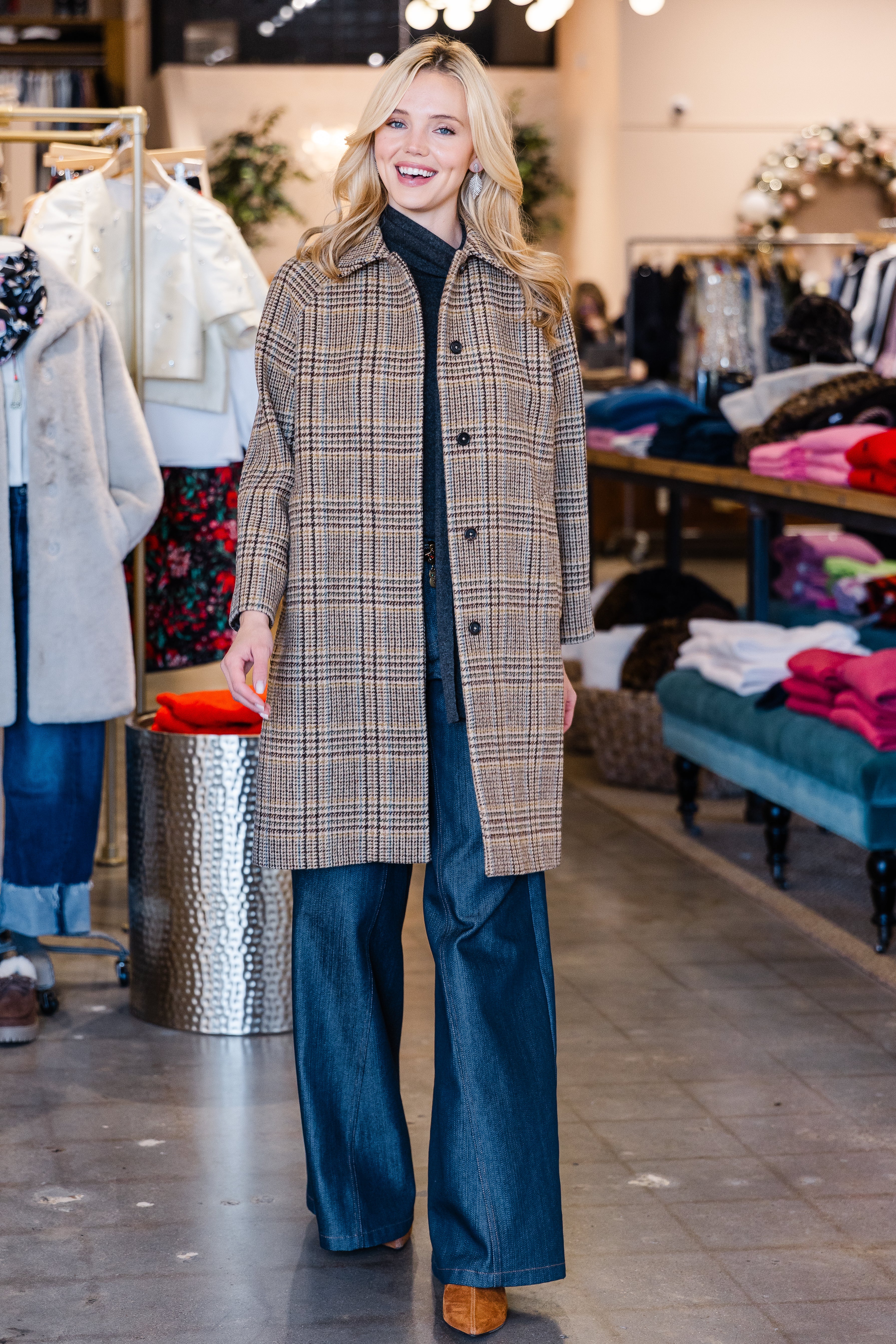 Balmacaan Coat - Brown/Sky Glem Plaid Tweed