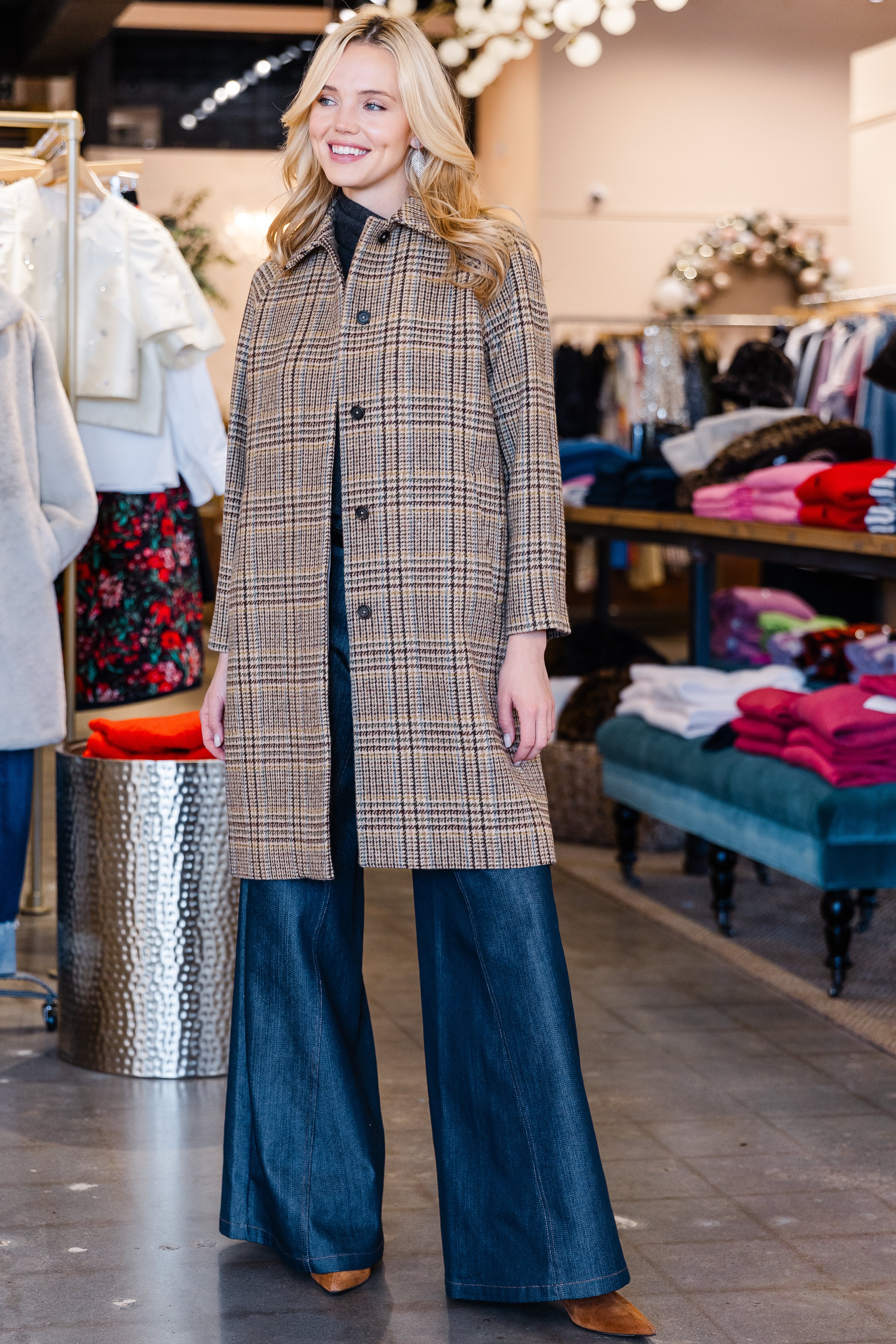 Balmacaan Coat - Brown/Sky Glem Plaid Tweed