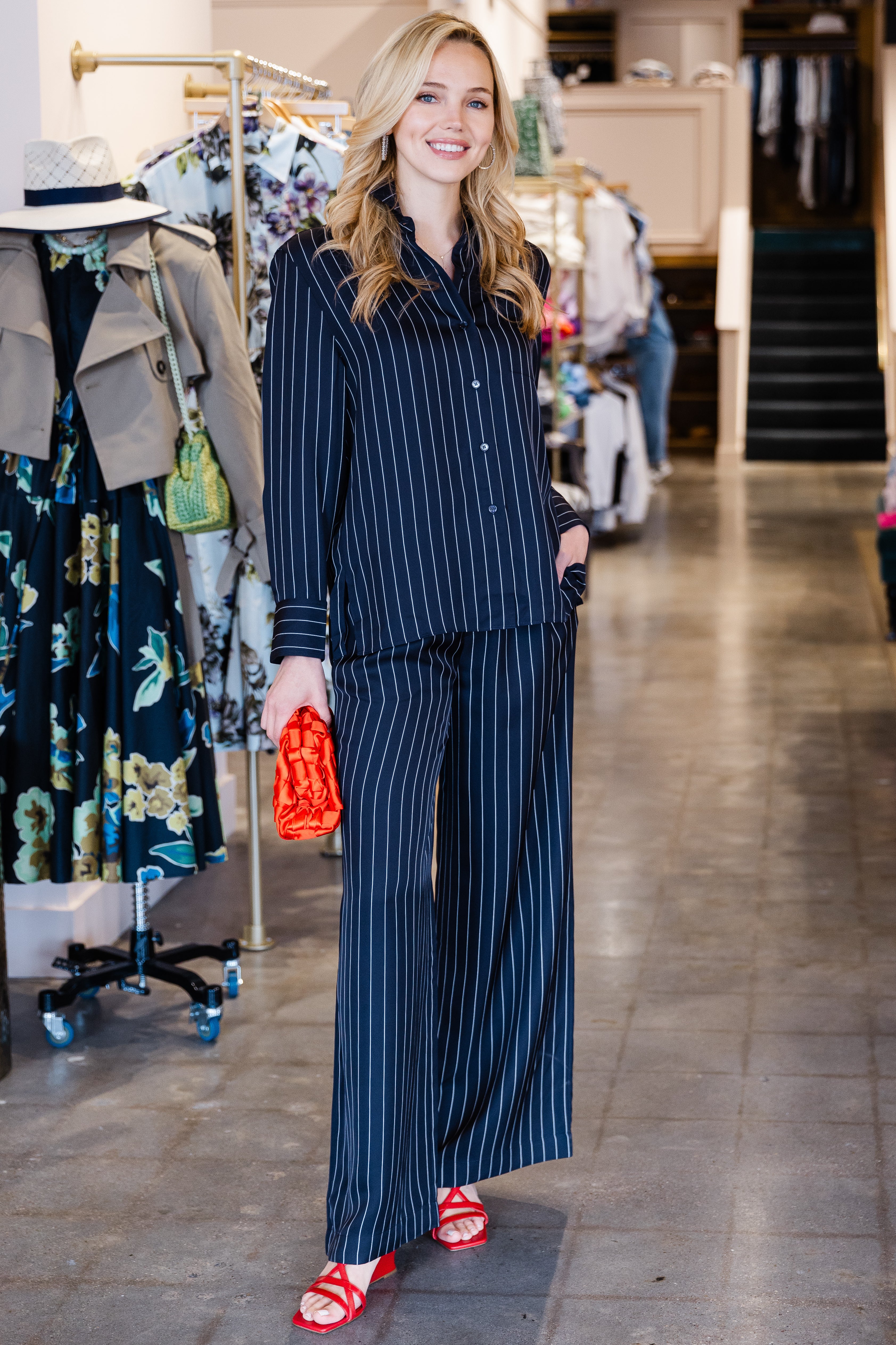 Silk Drawstring Pant - Navy Pinstripe