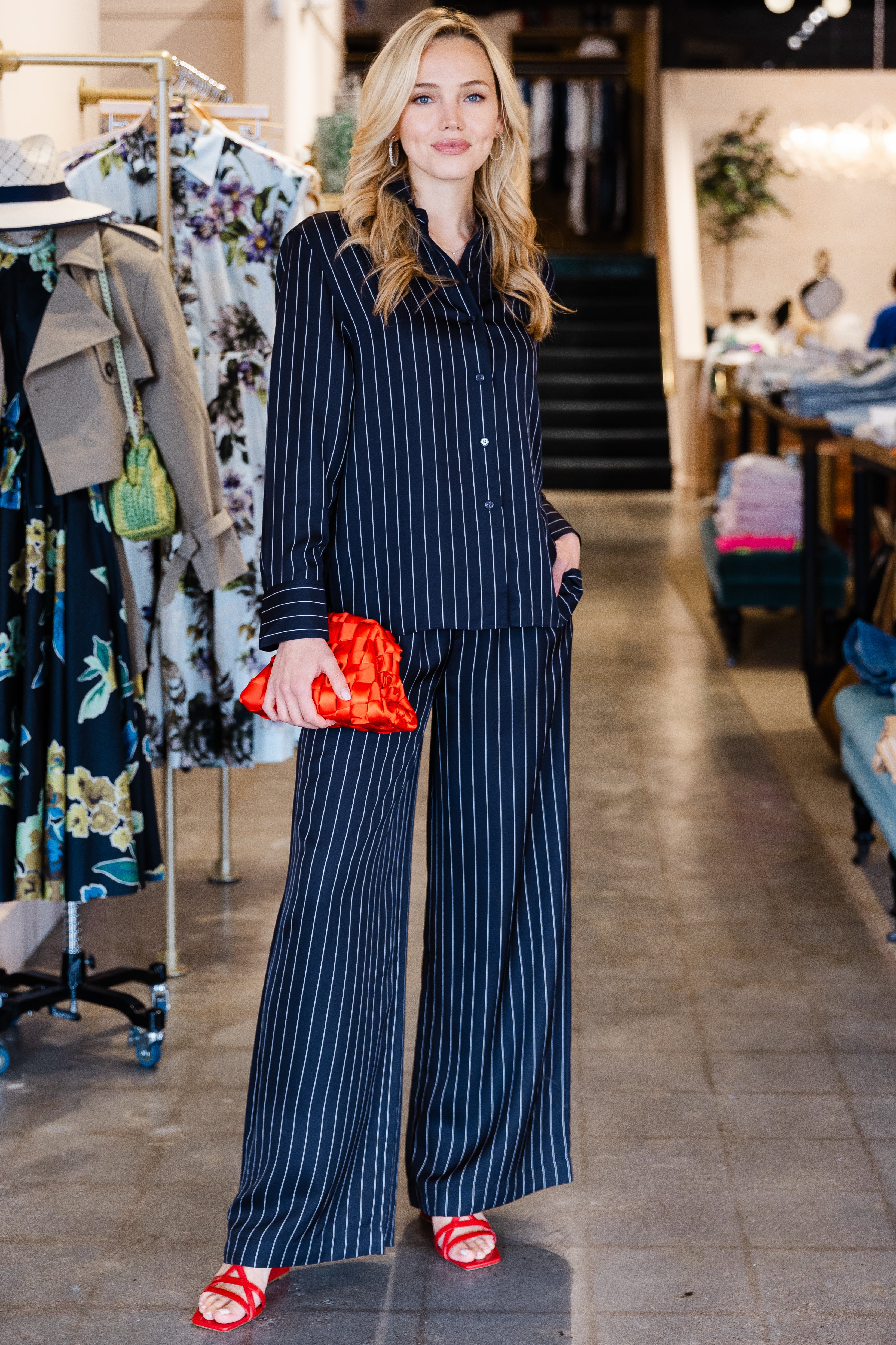 Silk Drawstring Pant - Navy Pinstripe