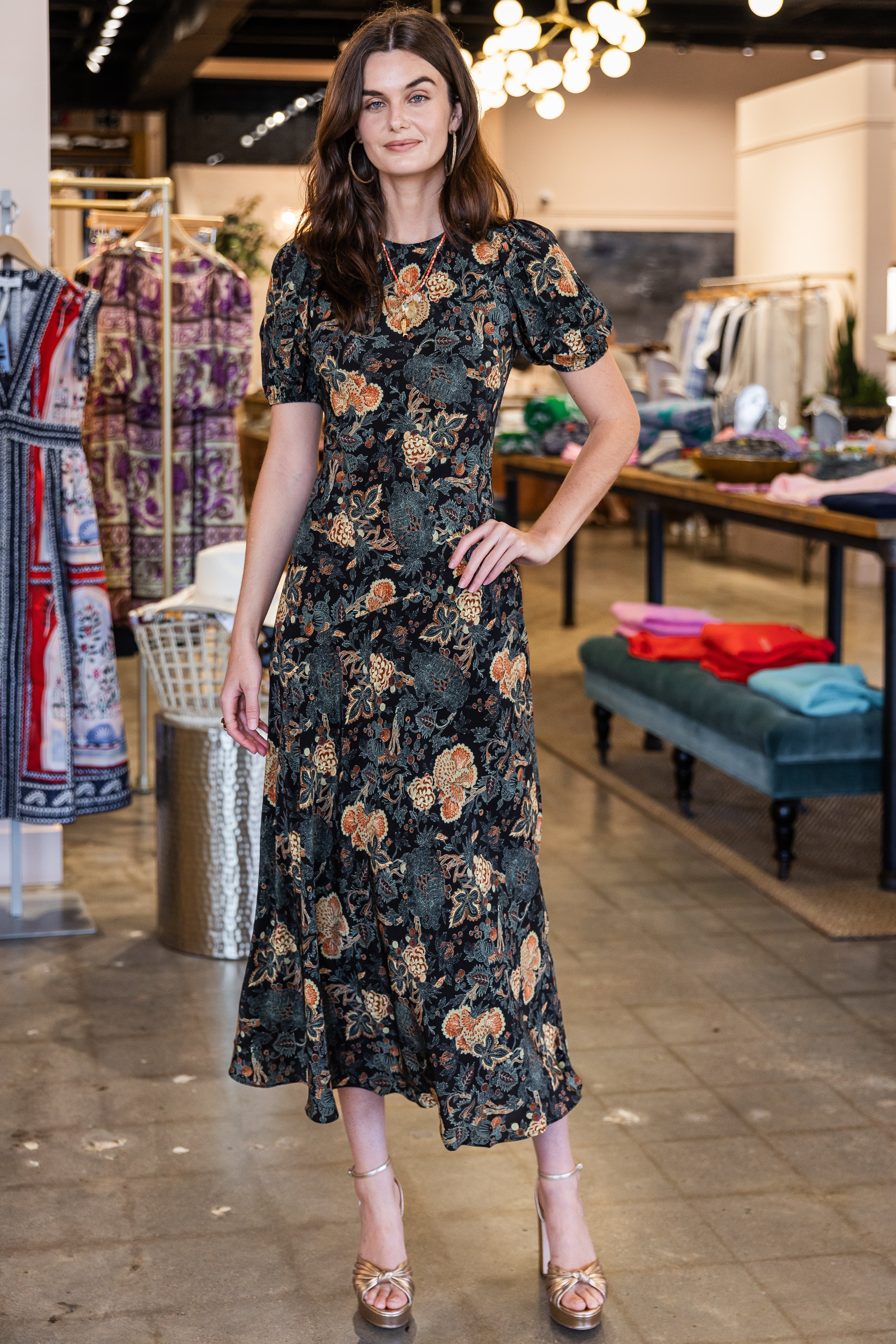 Ines Puff Sleeve Midi Dress - Nuit