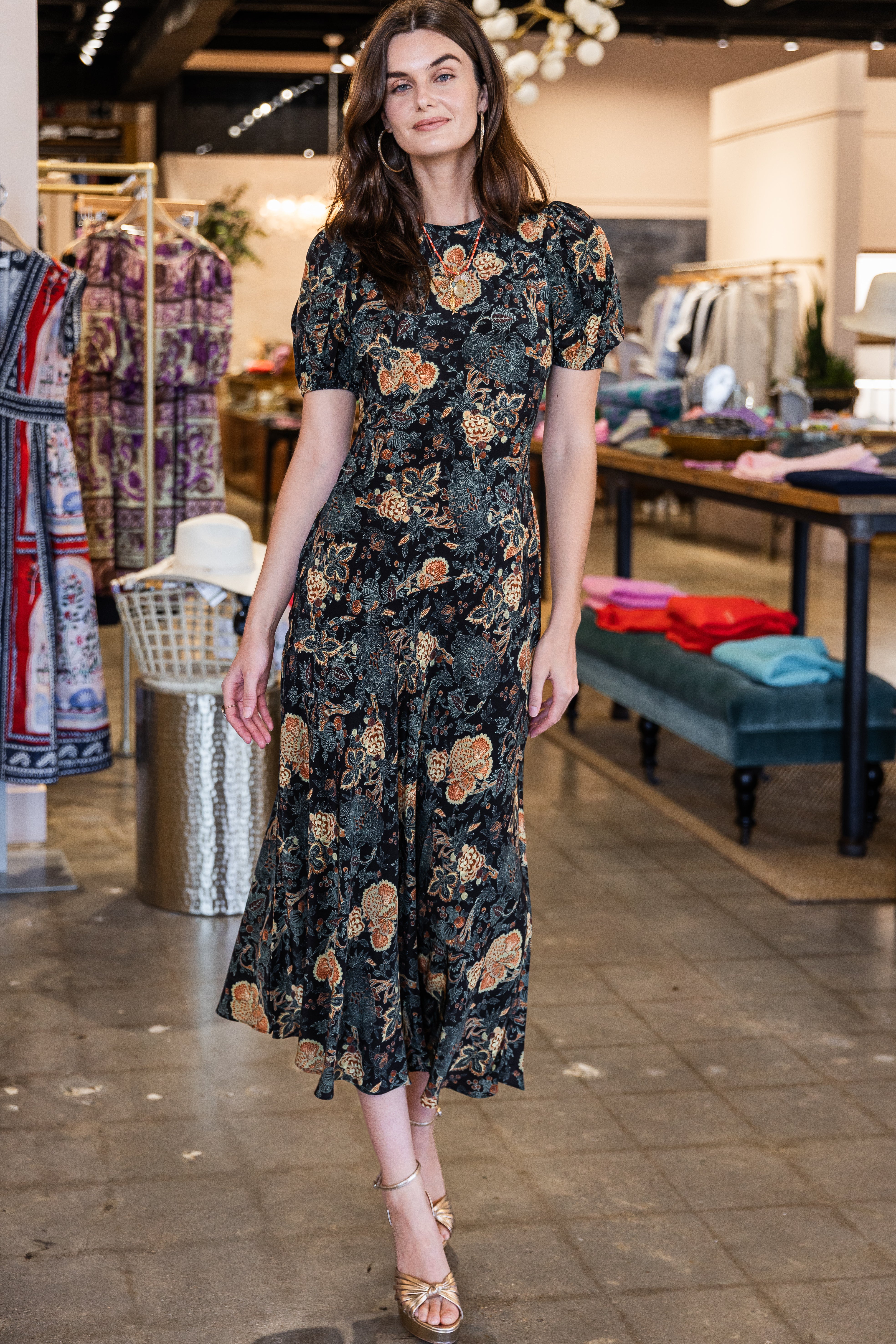 Ines Puff Sleeve Midi Dress - Nuit