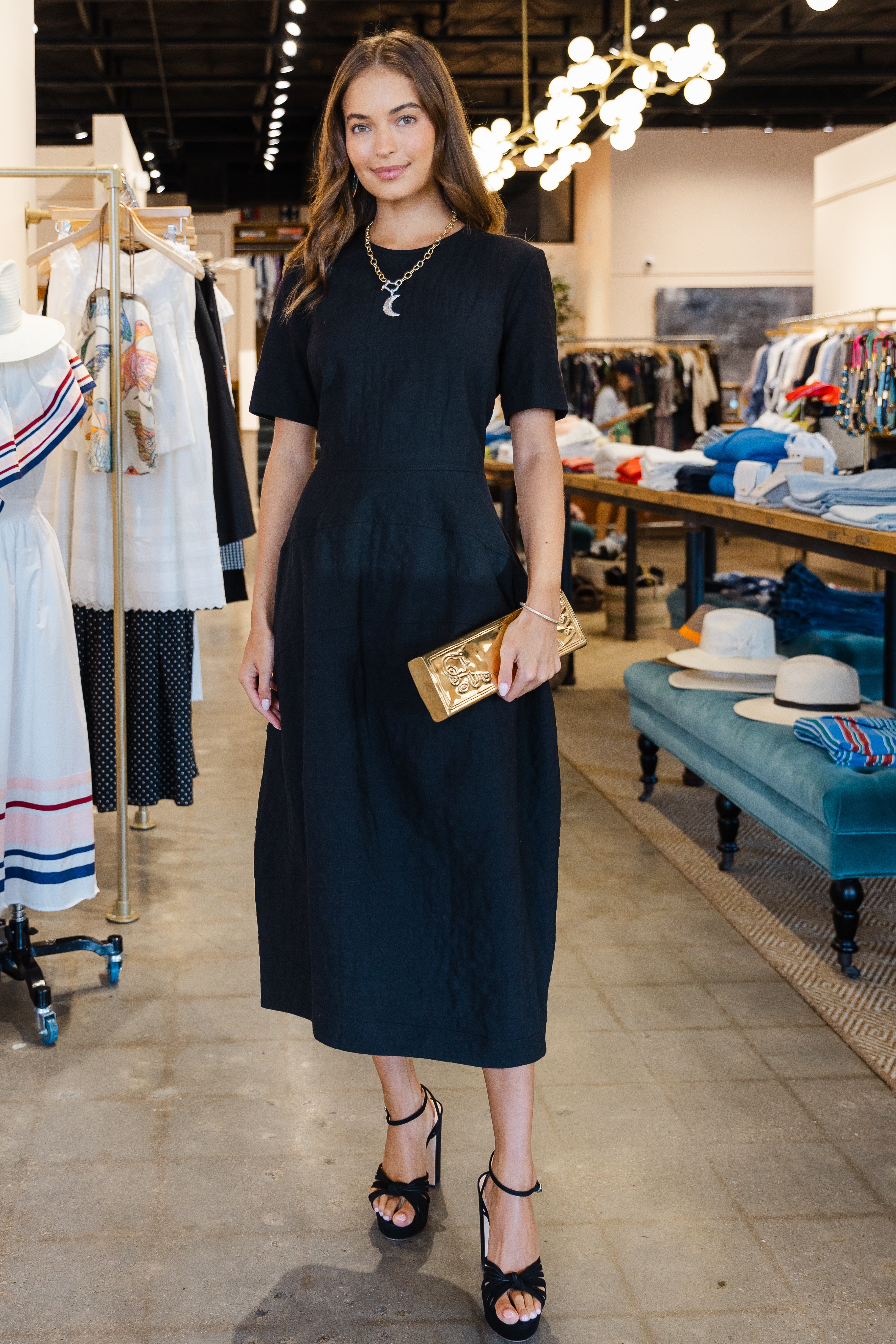 Light Crickeled Wool Cotton Dress- Black
