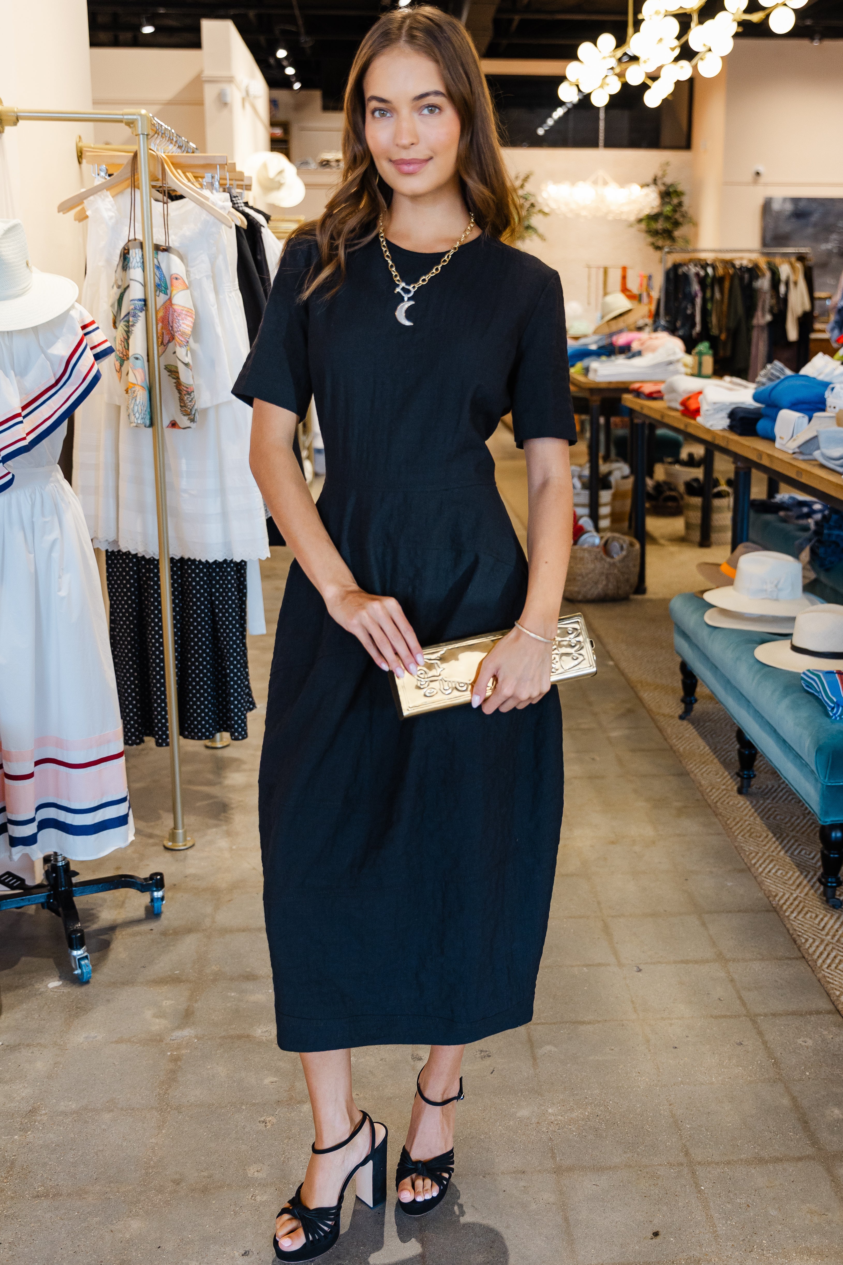 Light Crickeled Wool Cotton Dress- Black