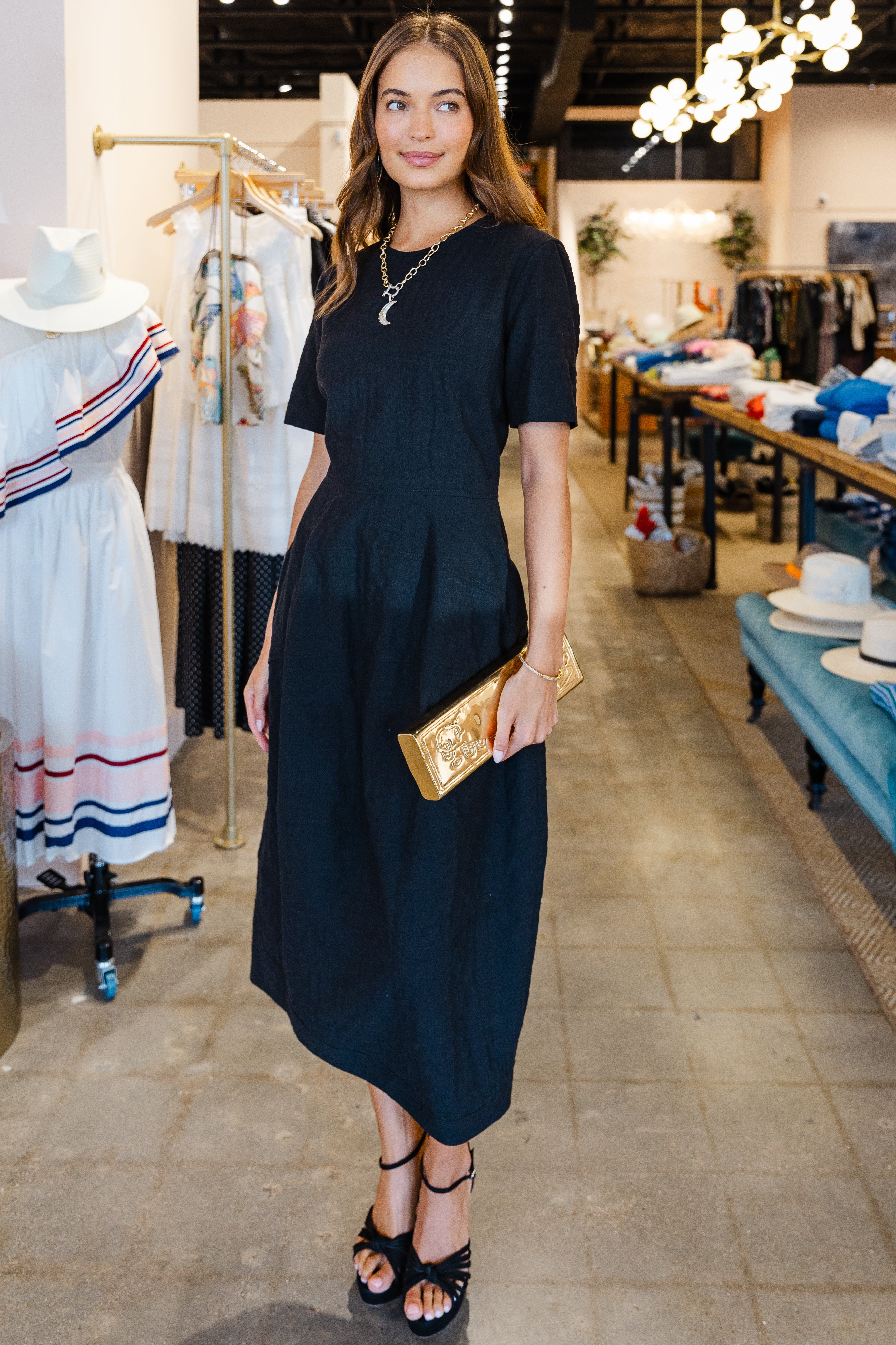Light Crickeled Wool Cotton Dress- Black
