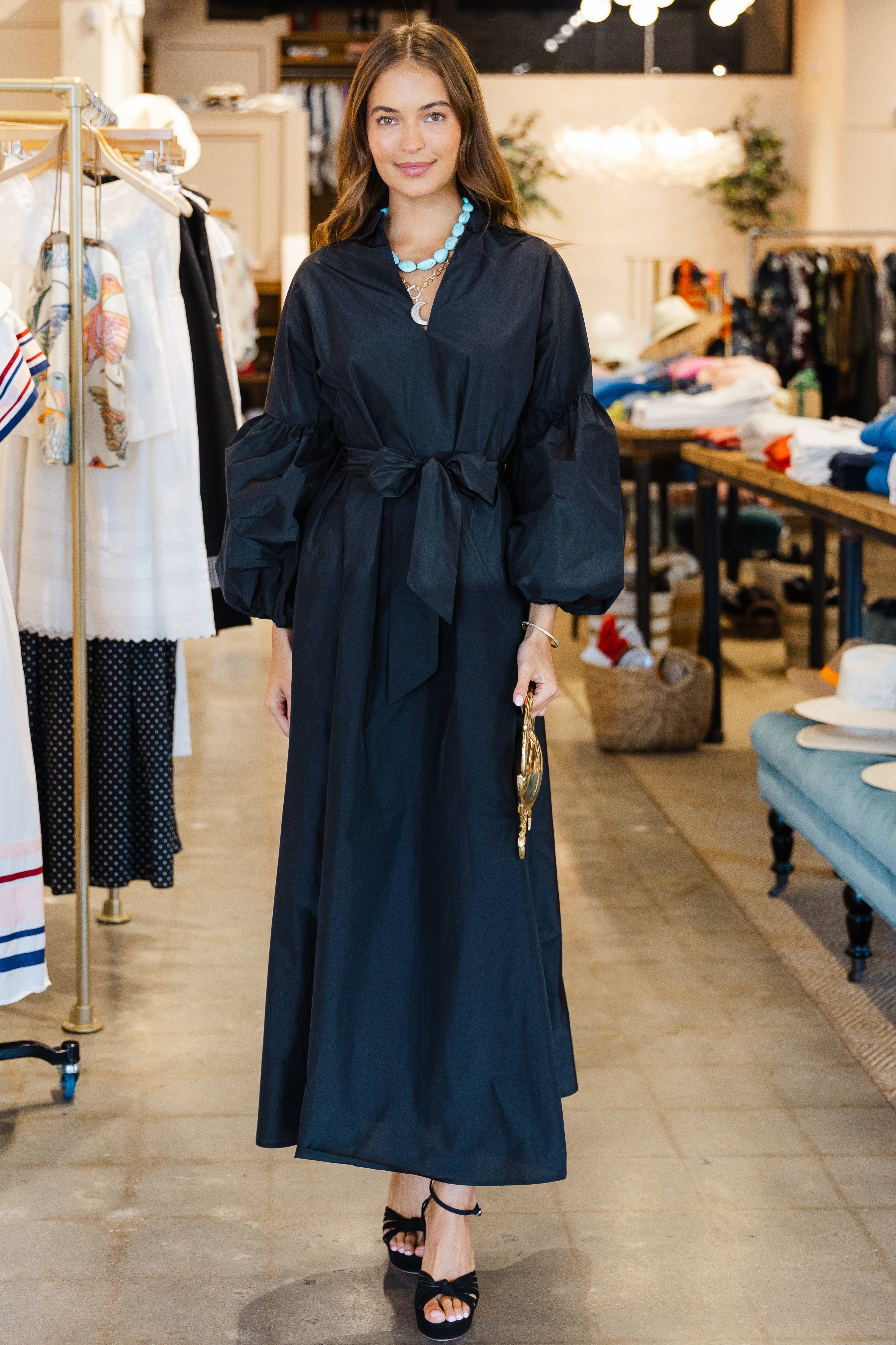 Taffeta Caftan Dress - Black