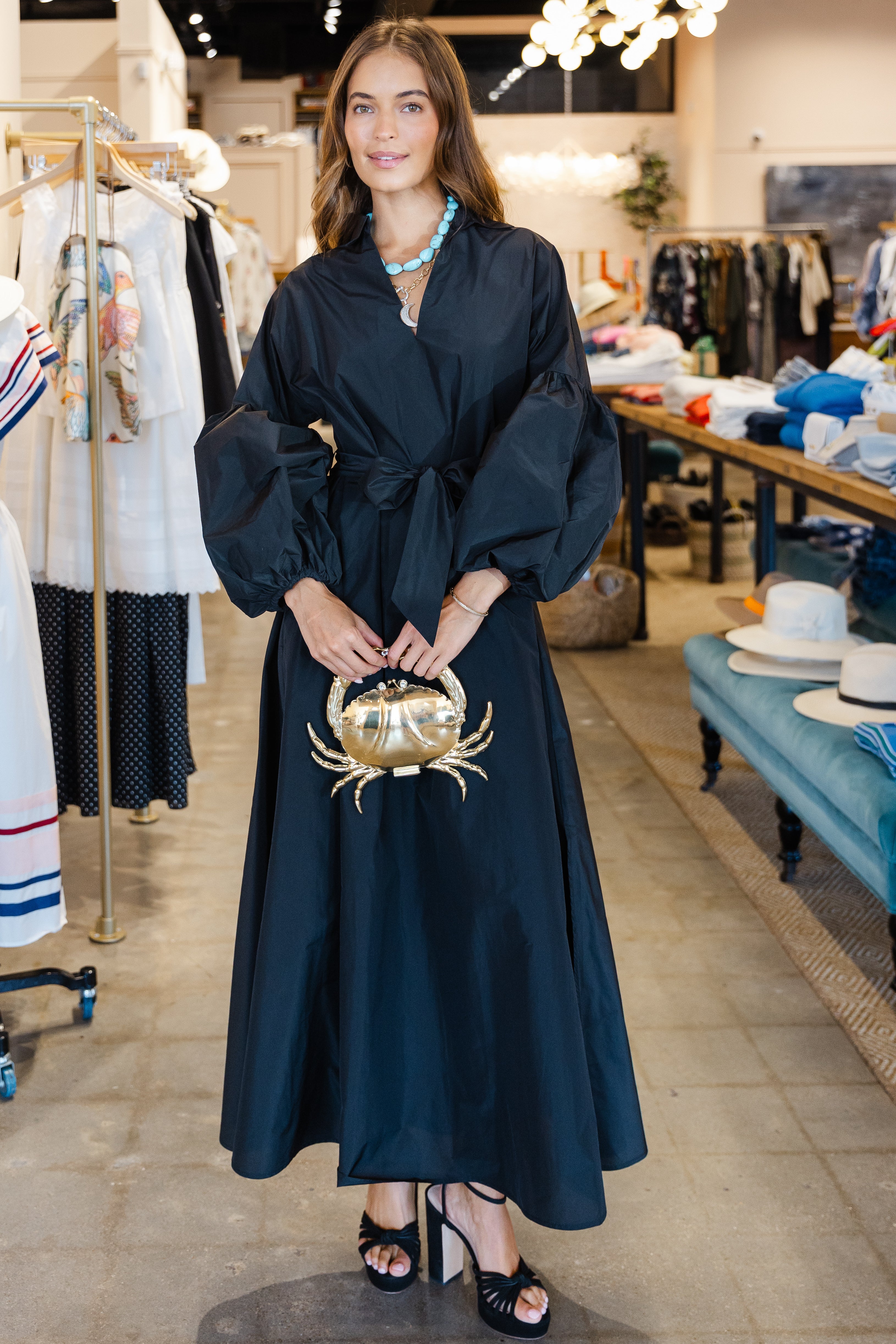 Taffeta Caftan Dress - Black