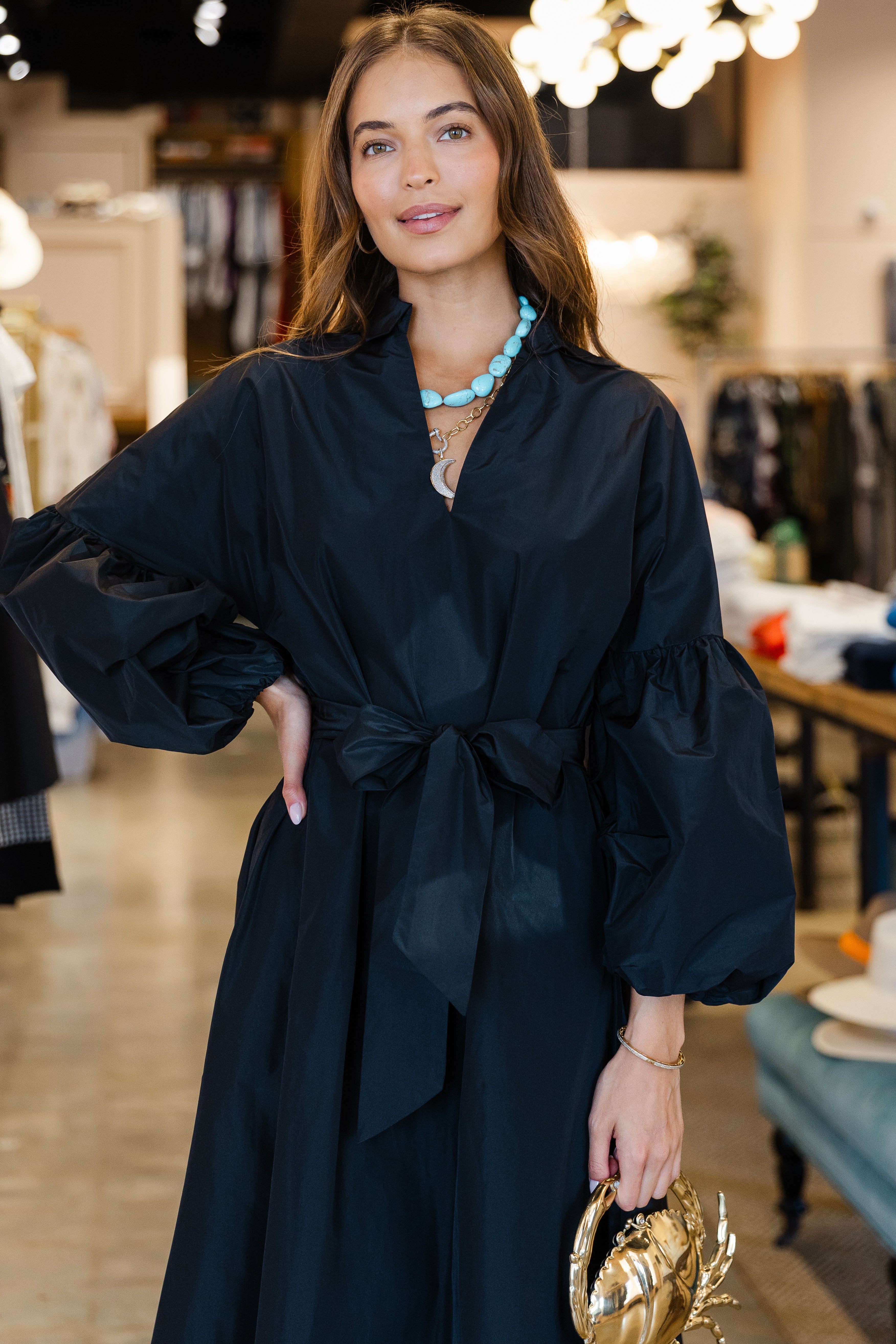 Taffeta Caftan Dress - Black
