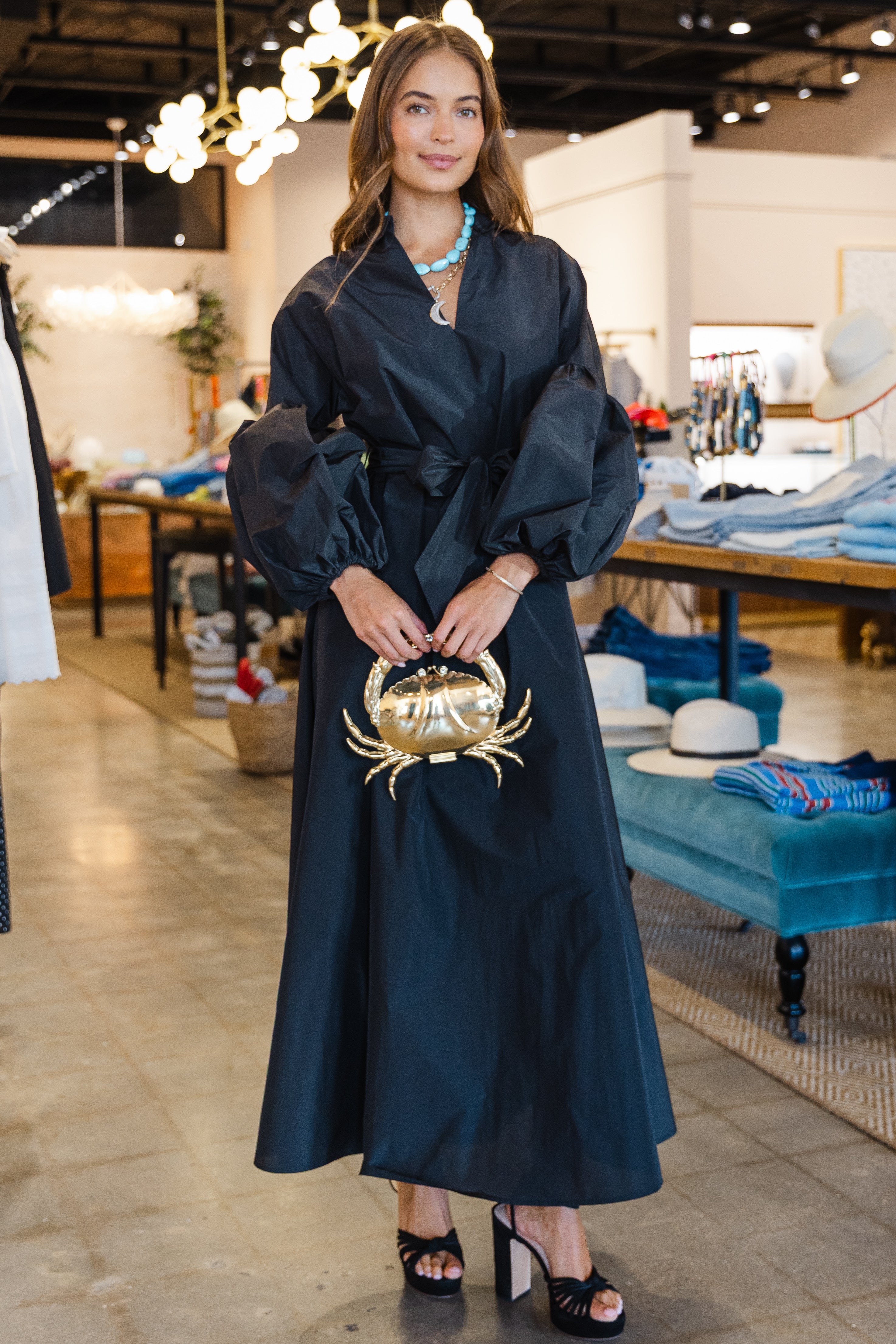 Taffeta Caftan Dress - Black