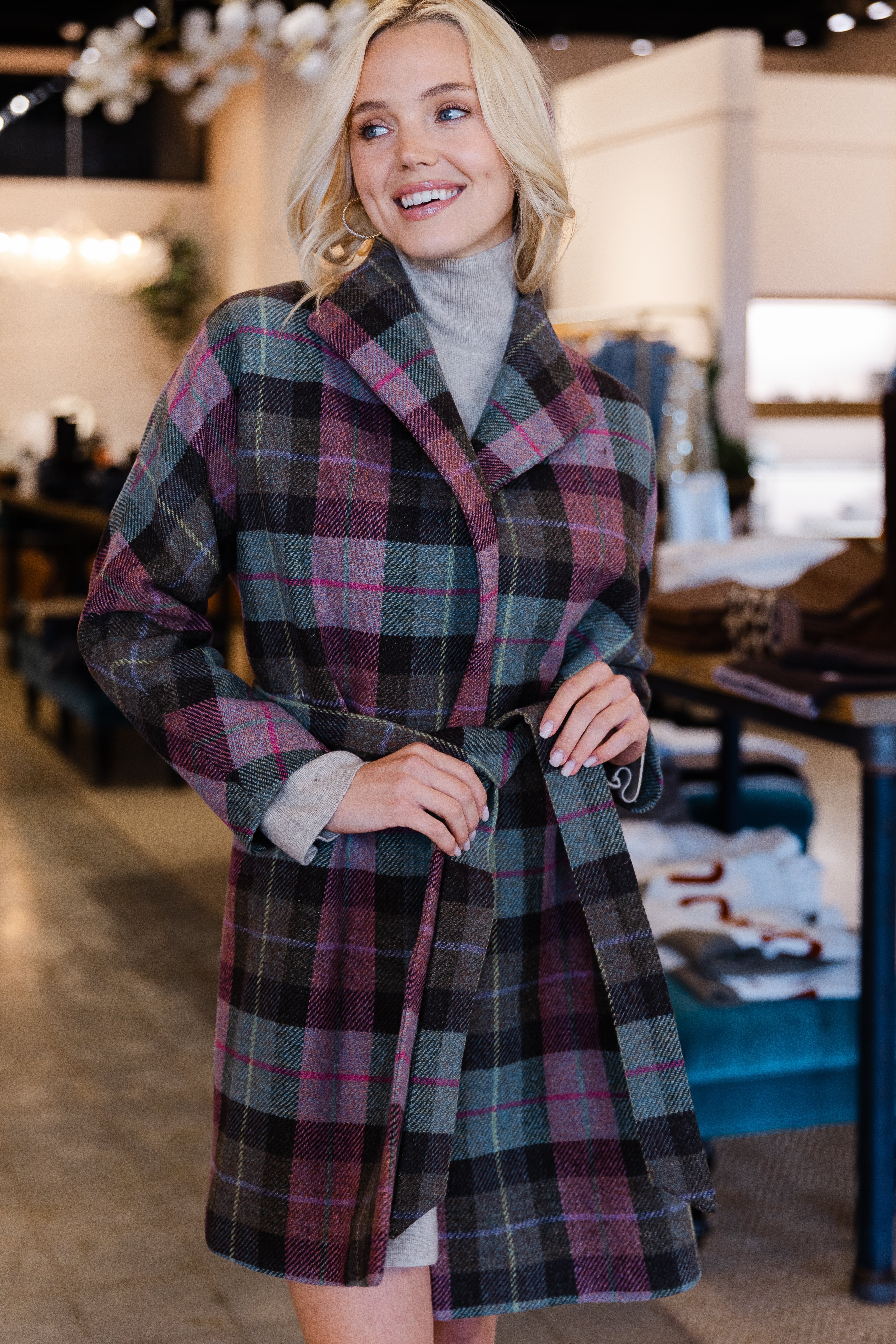 Kimono Carina Coat - Pink/Loden Blanket Plaid