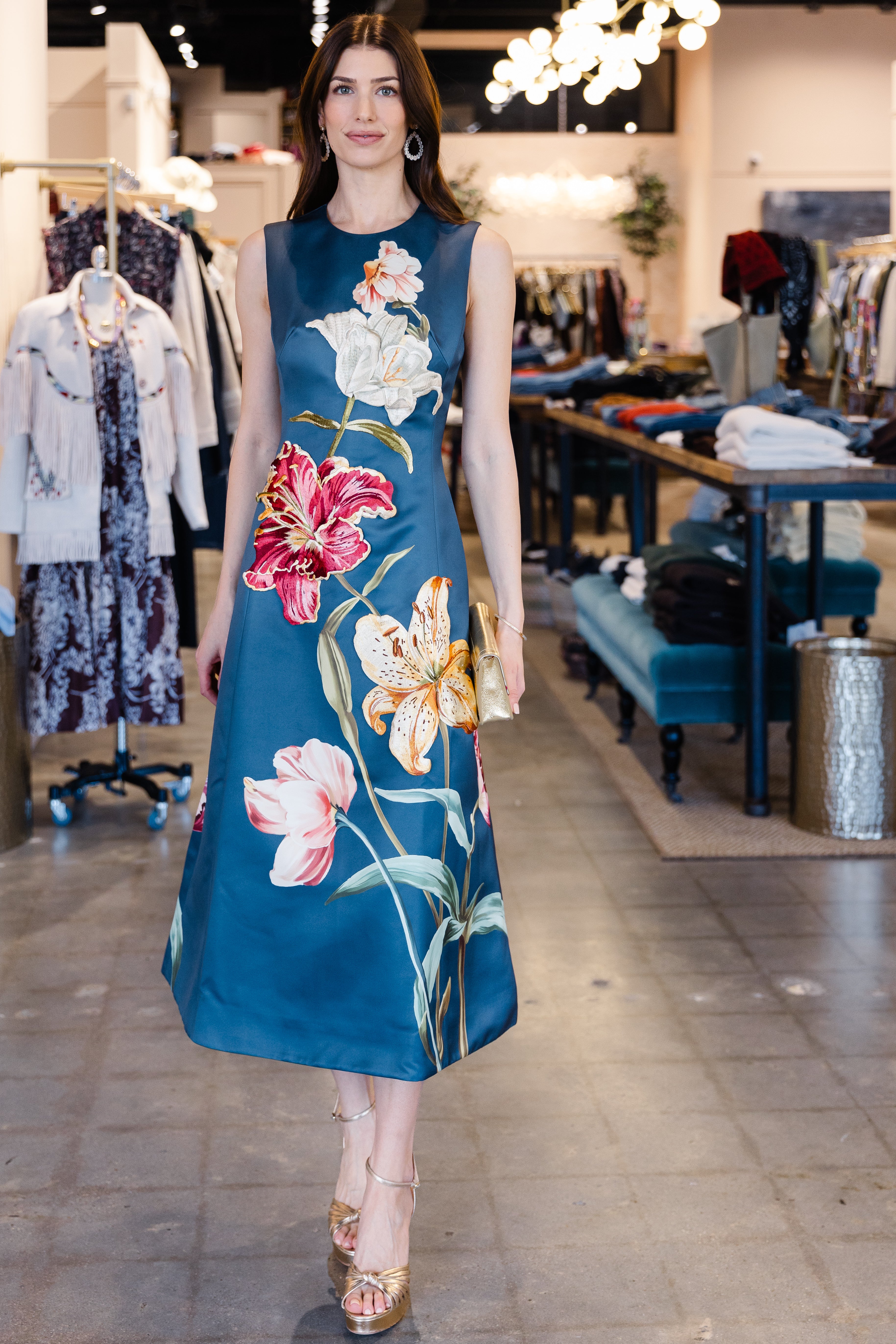 Cleo Embroidered Sleeveless Midi Dress - Lily Print in Indigo