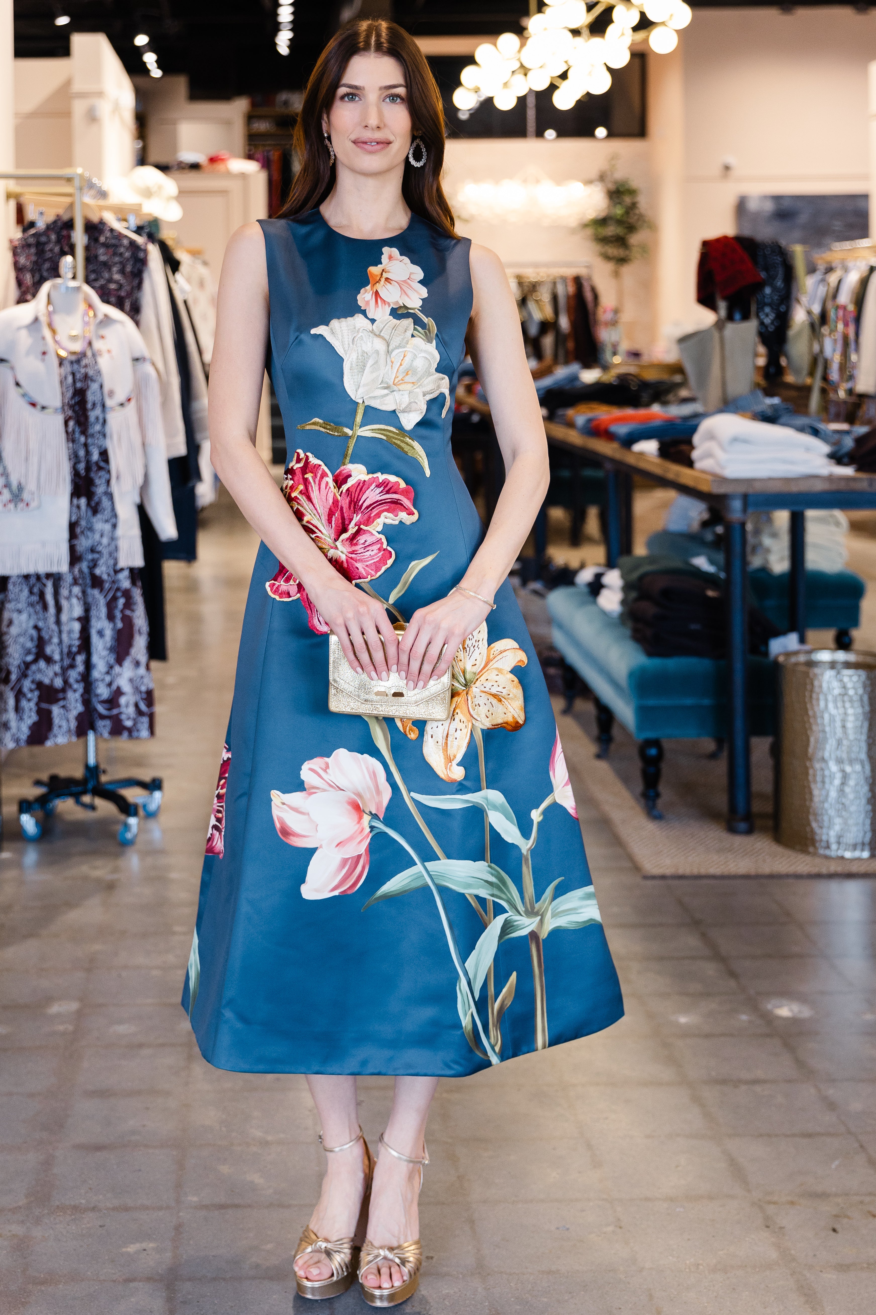Cleo Embroidered Sleeveless Midi Dress - Lily Print in Indigo