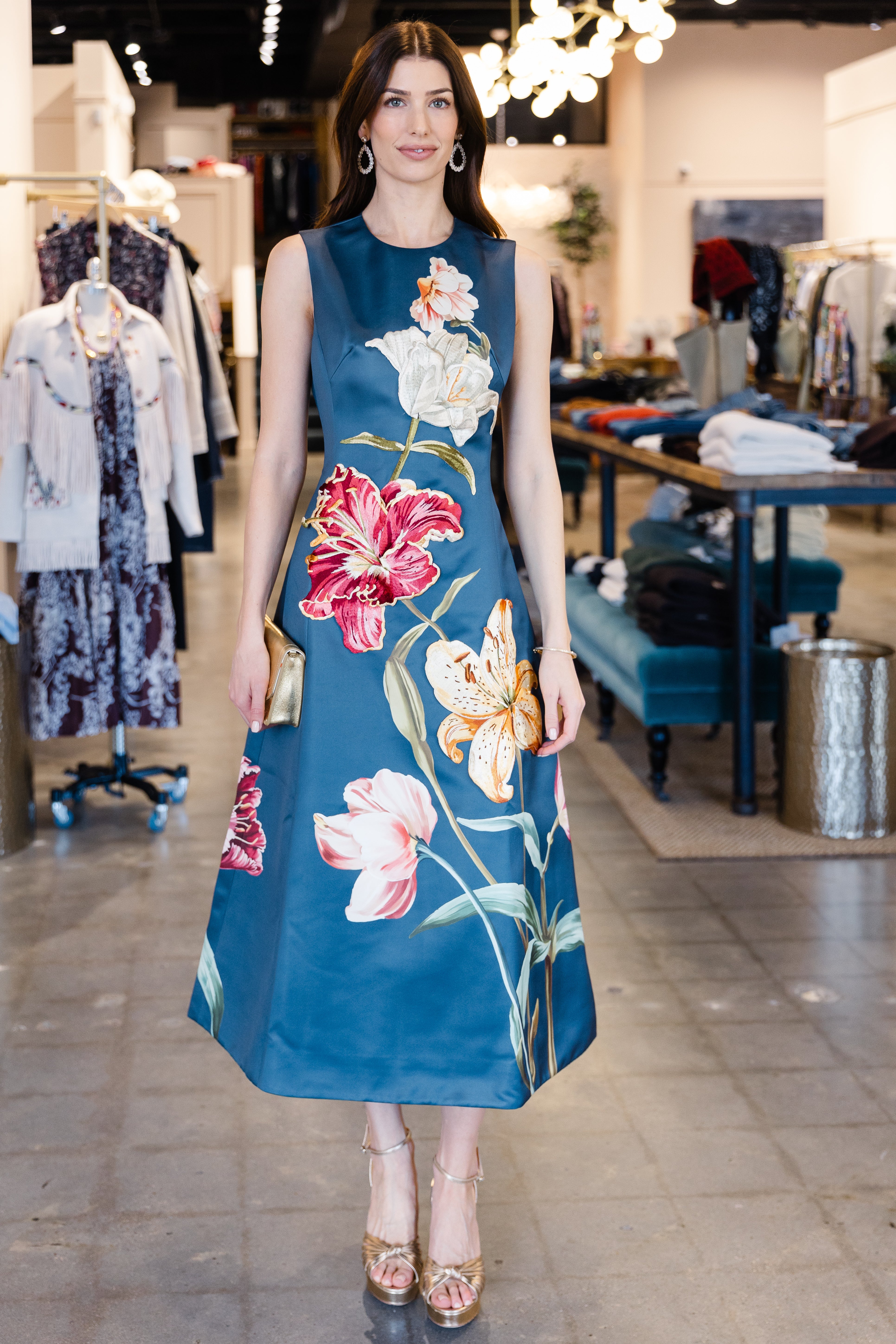 Cleo Embroidered Sleeveless Midi Dress - Lily Print in Indigo