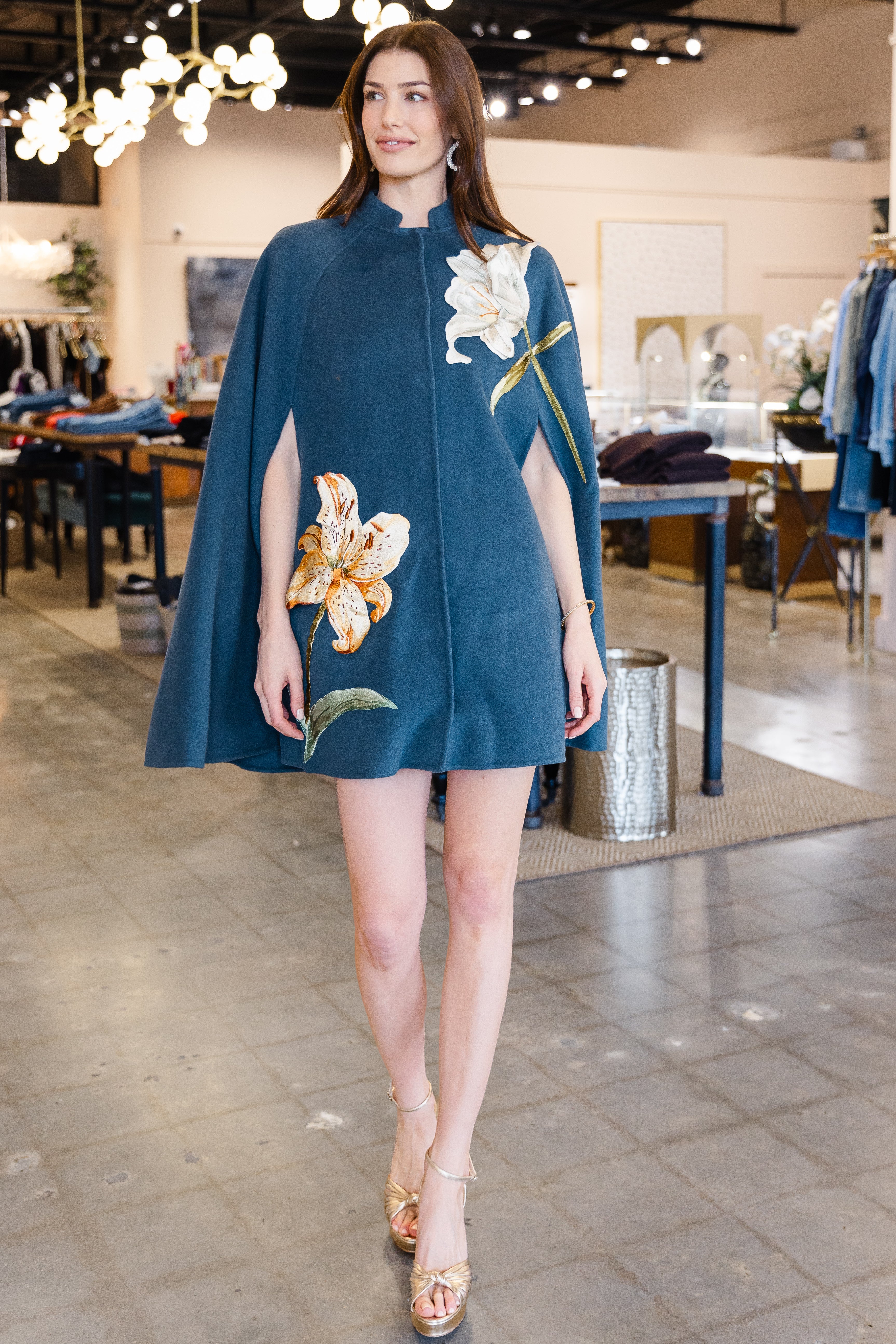 Sloane Embroidered Woll Cape Jacket - Lily Print in Indigo