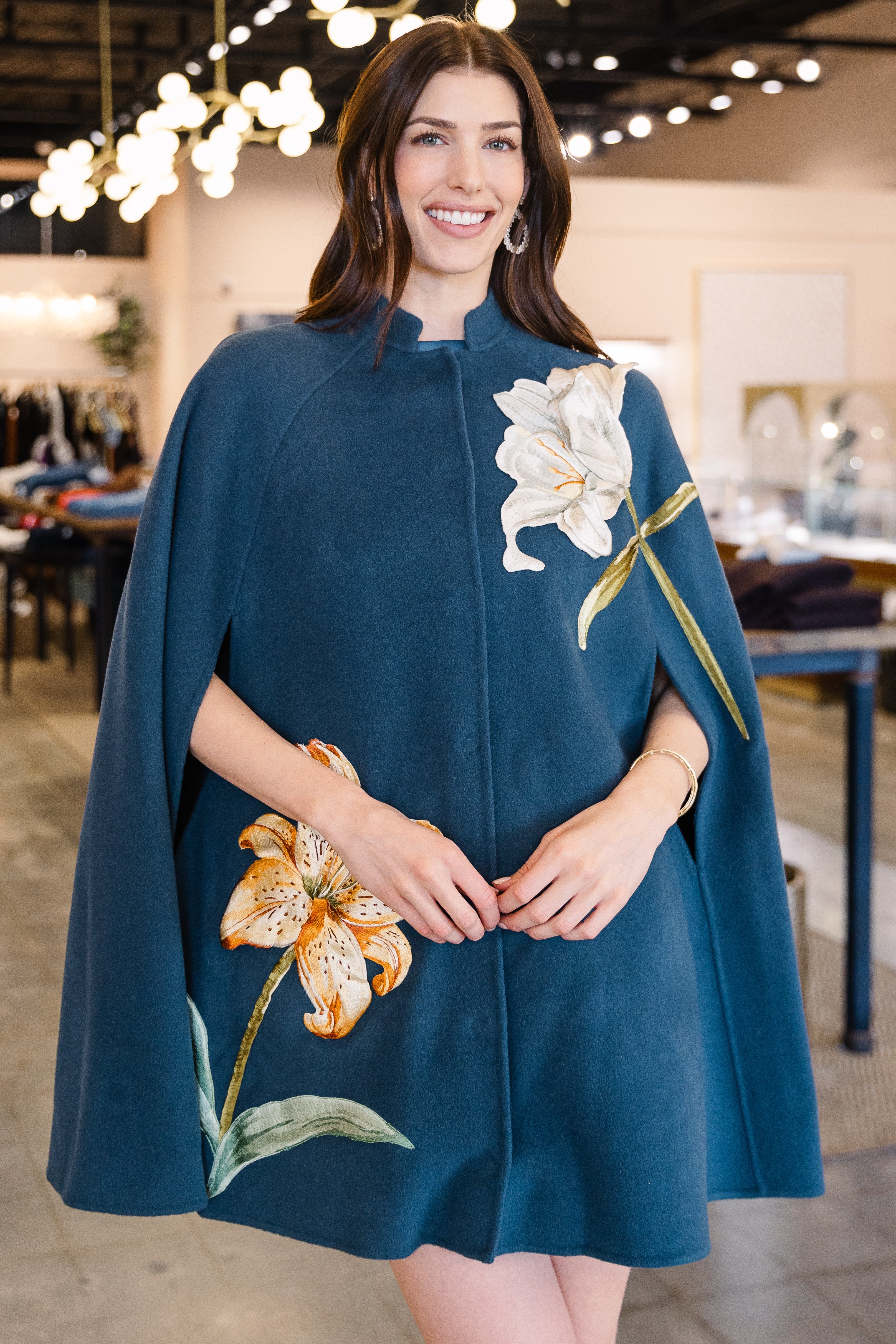 Sloane Embroidered Woll Cape Jacket - Lily Print in Indigo