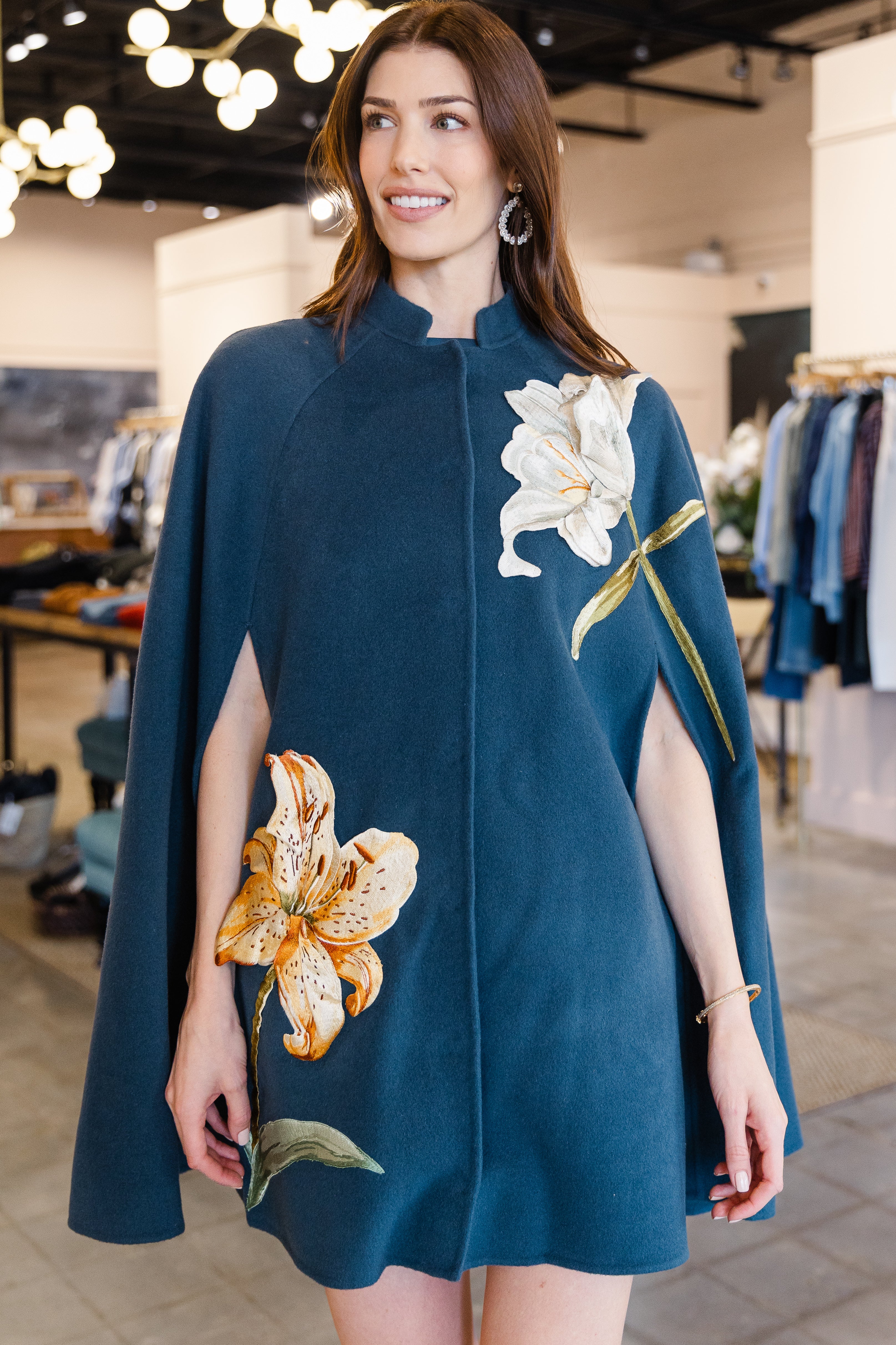 Sloane Embroidered Woll Cape Jacket - Lily Print in Indigo