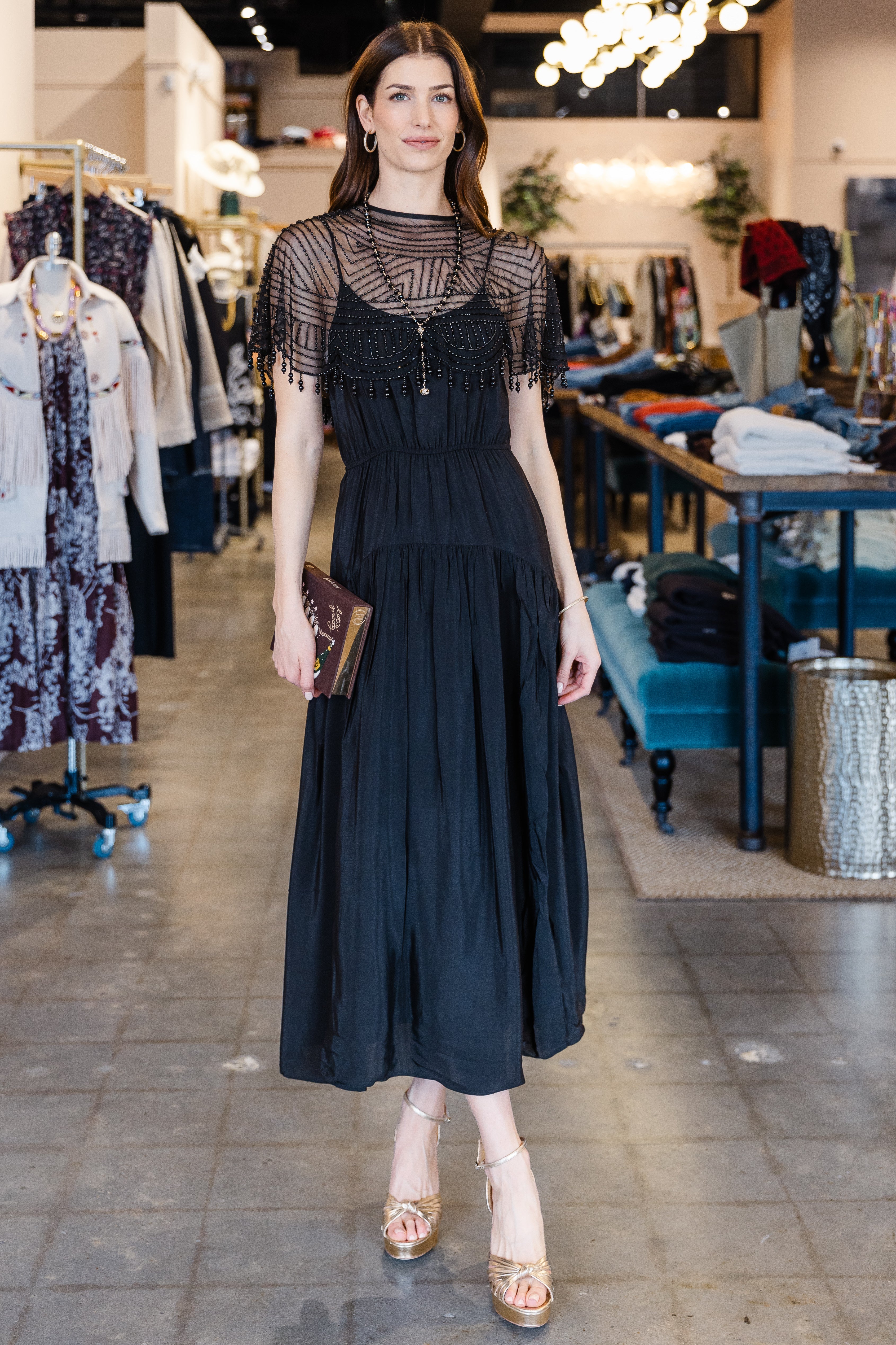 Carlotta Emb Beaded Cape Maxi Dress- Black