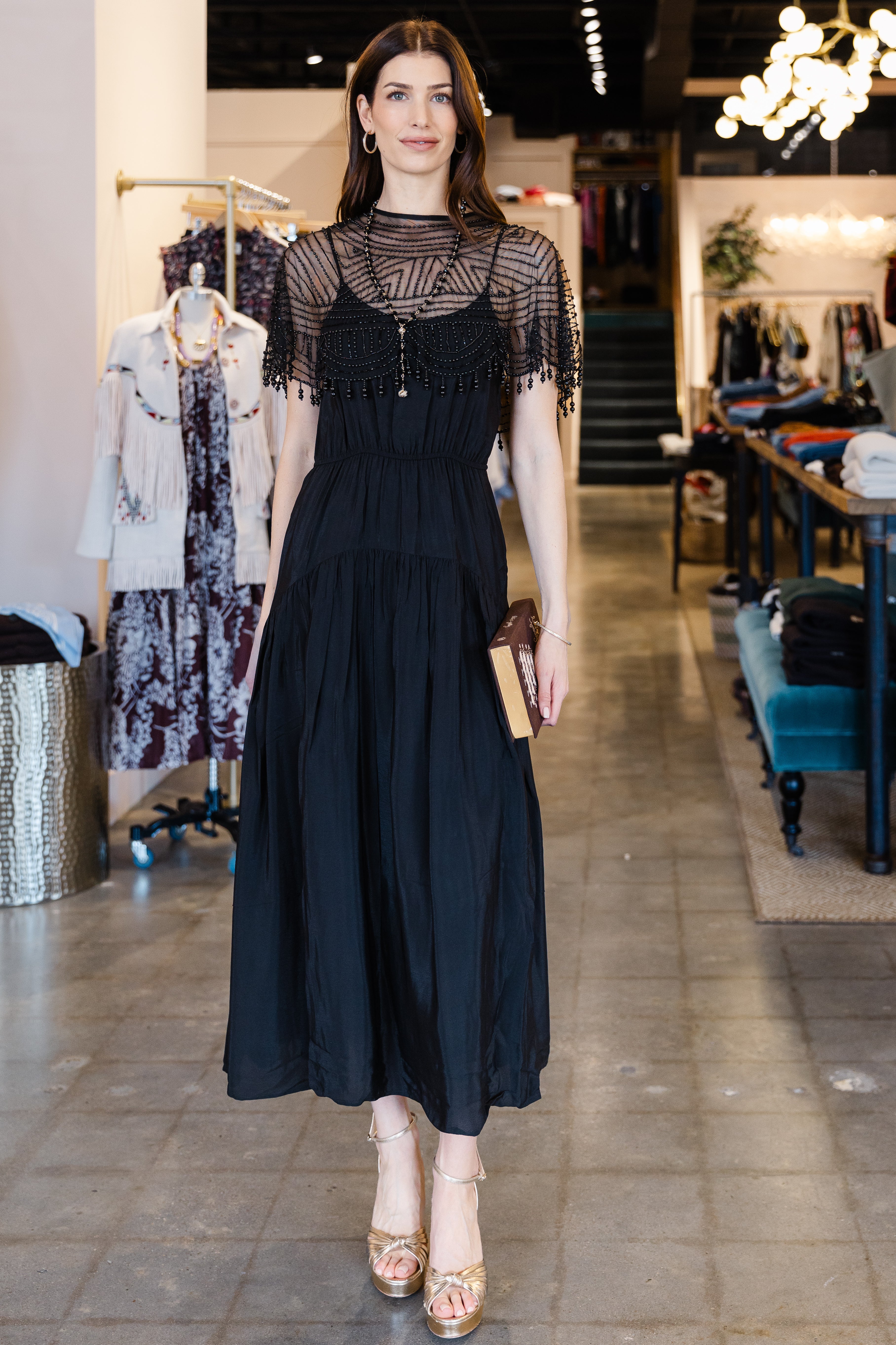 Carlotta Emb Beaded Cape Maxi Dress- Black