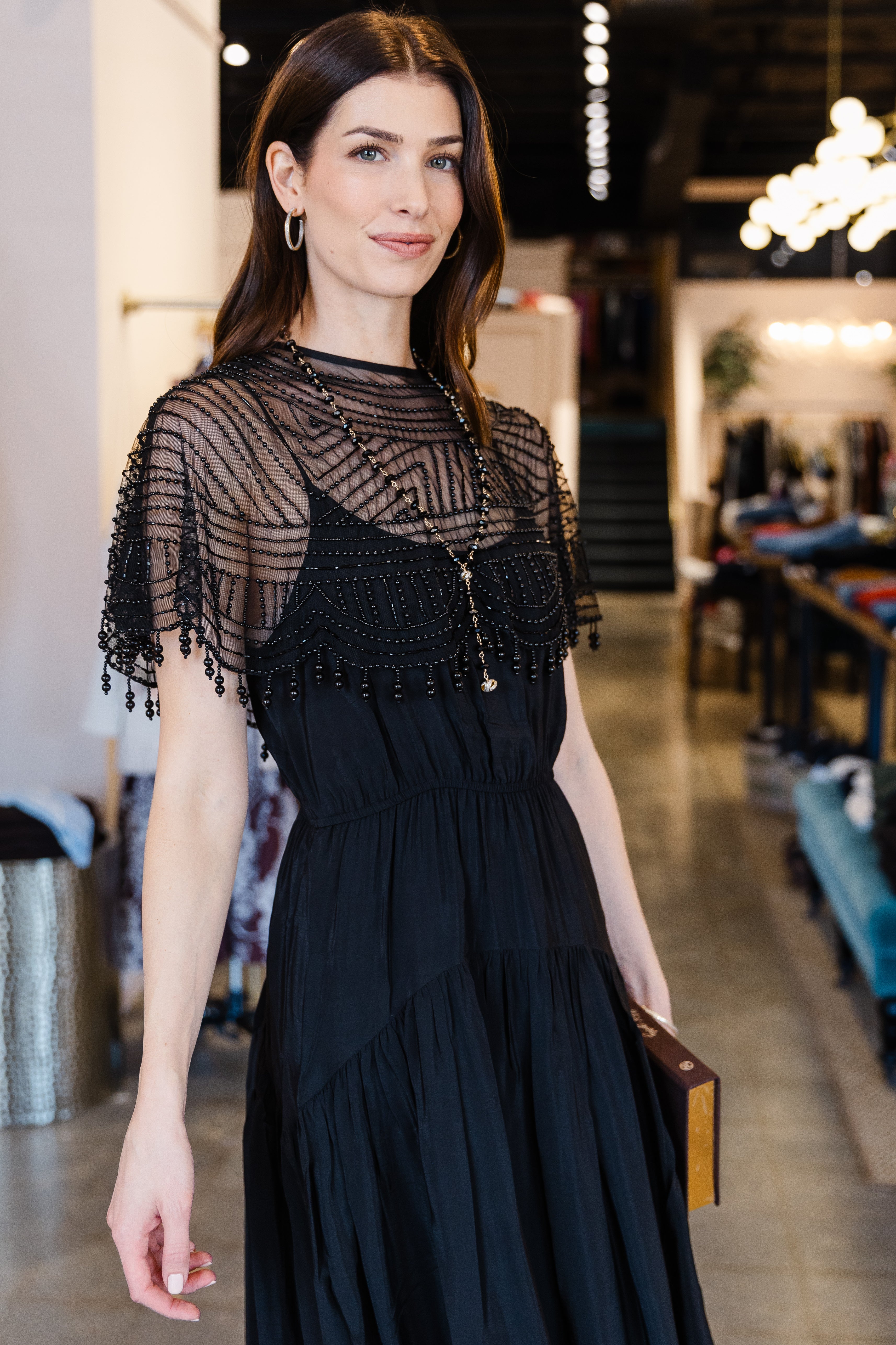 Carlotta Emb Beaded Cape Maxi Dress- Black