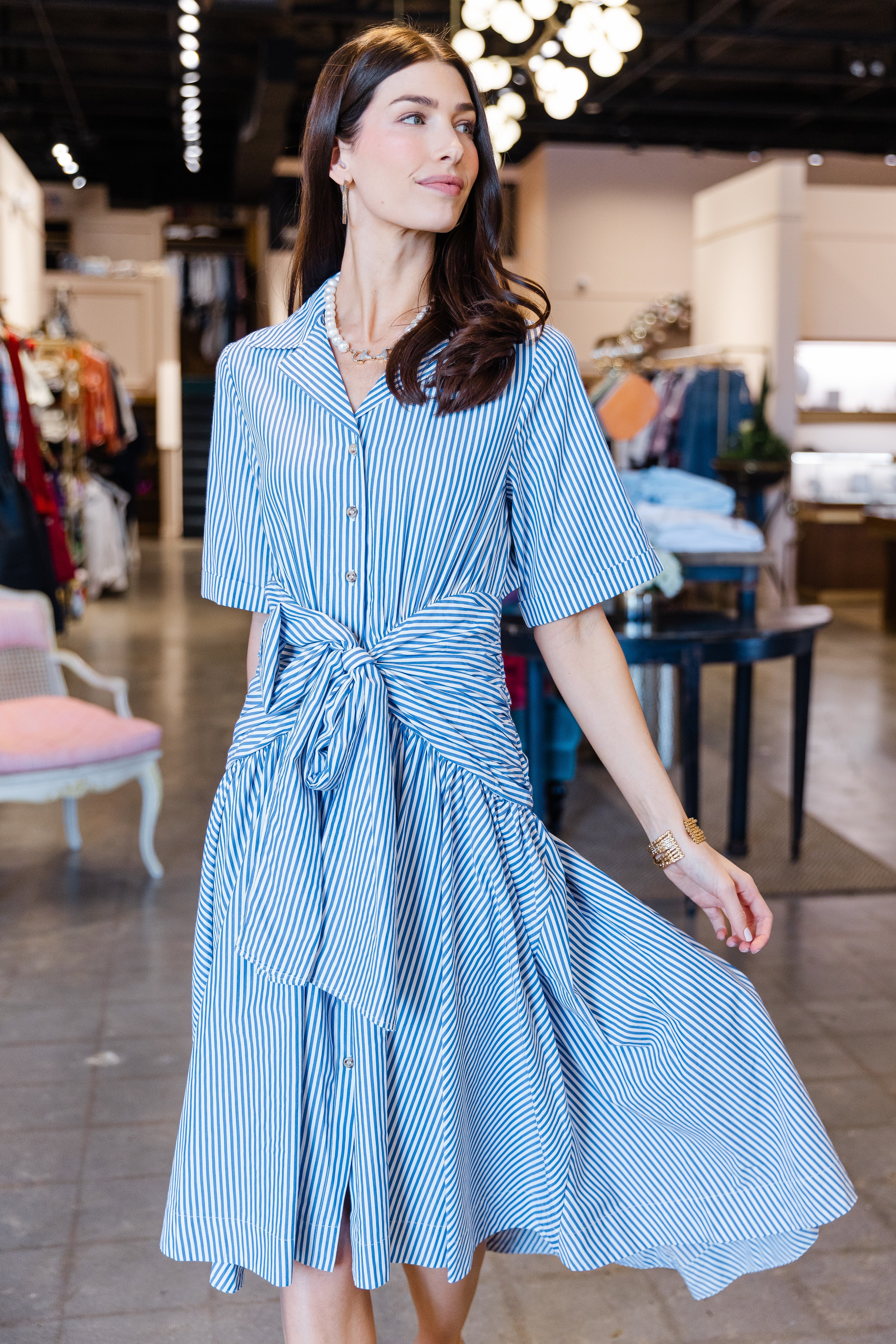 Tie Shirt Dress - Blue Stripe