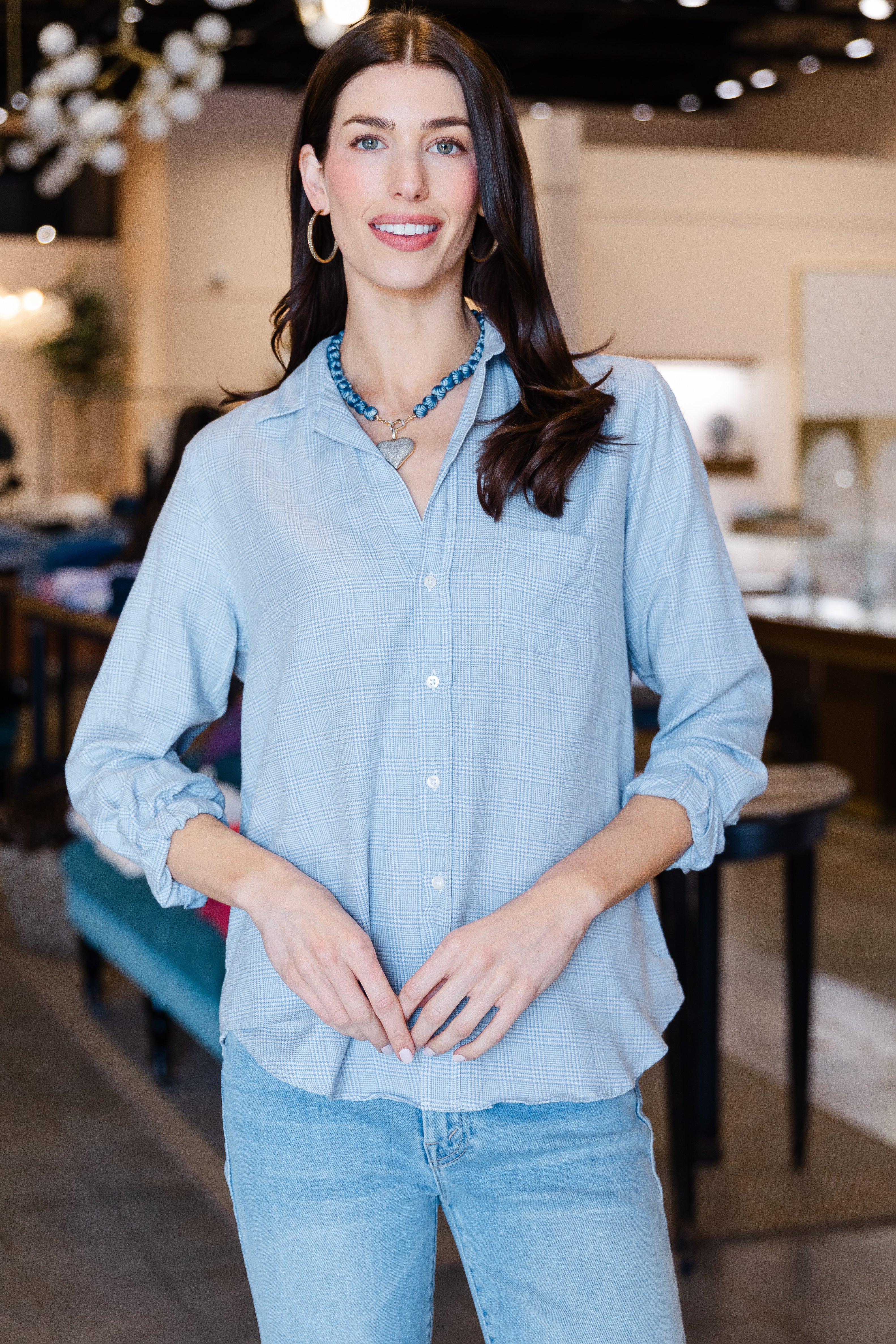 Eileen Relaxed Button Up Shirt - Light Blue Plaid