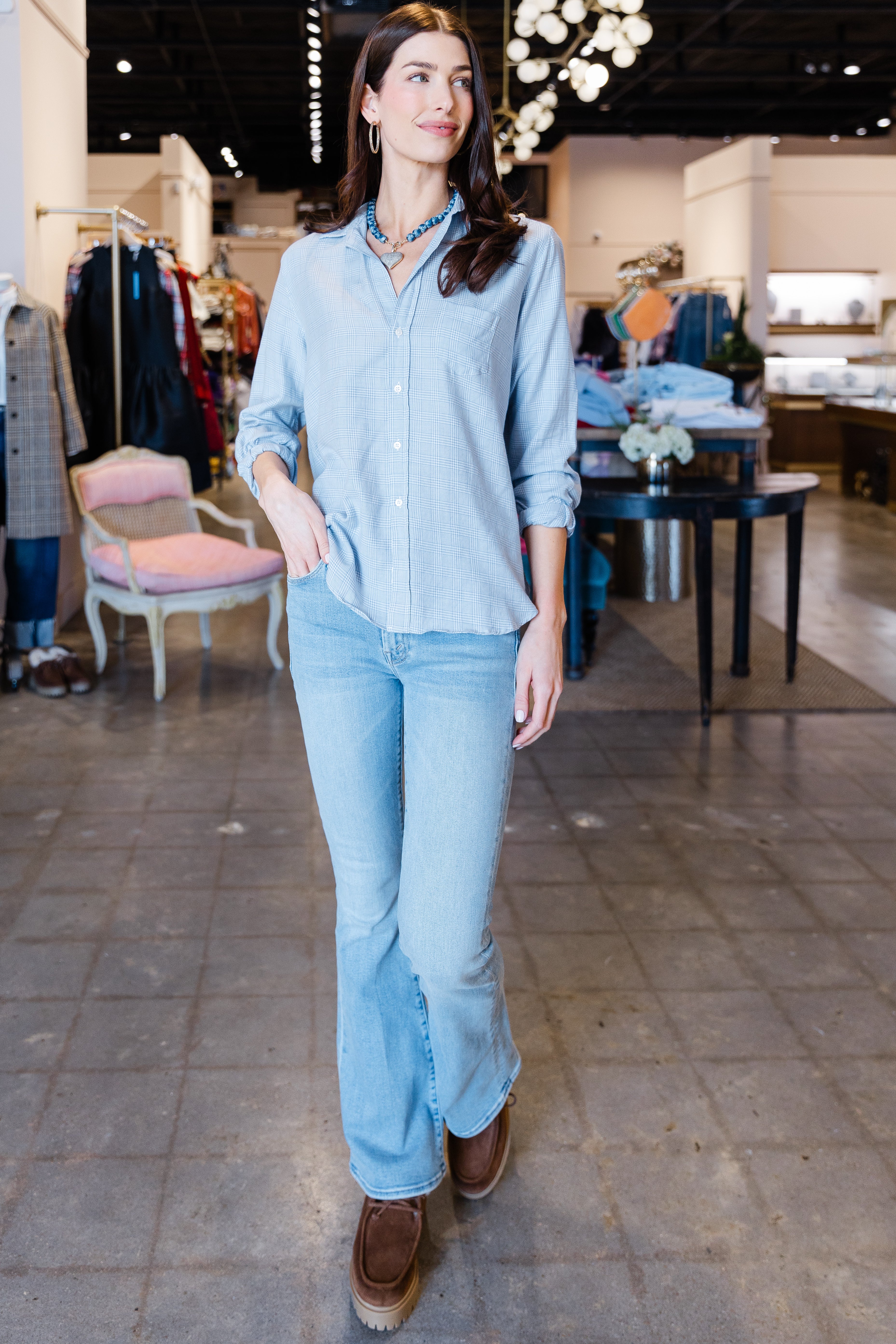 Eileen Relaxed Button Up Shirt - Light Blue Plaid
