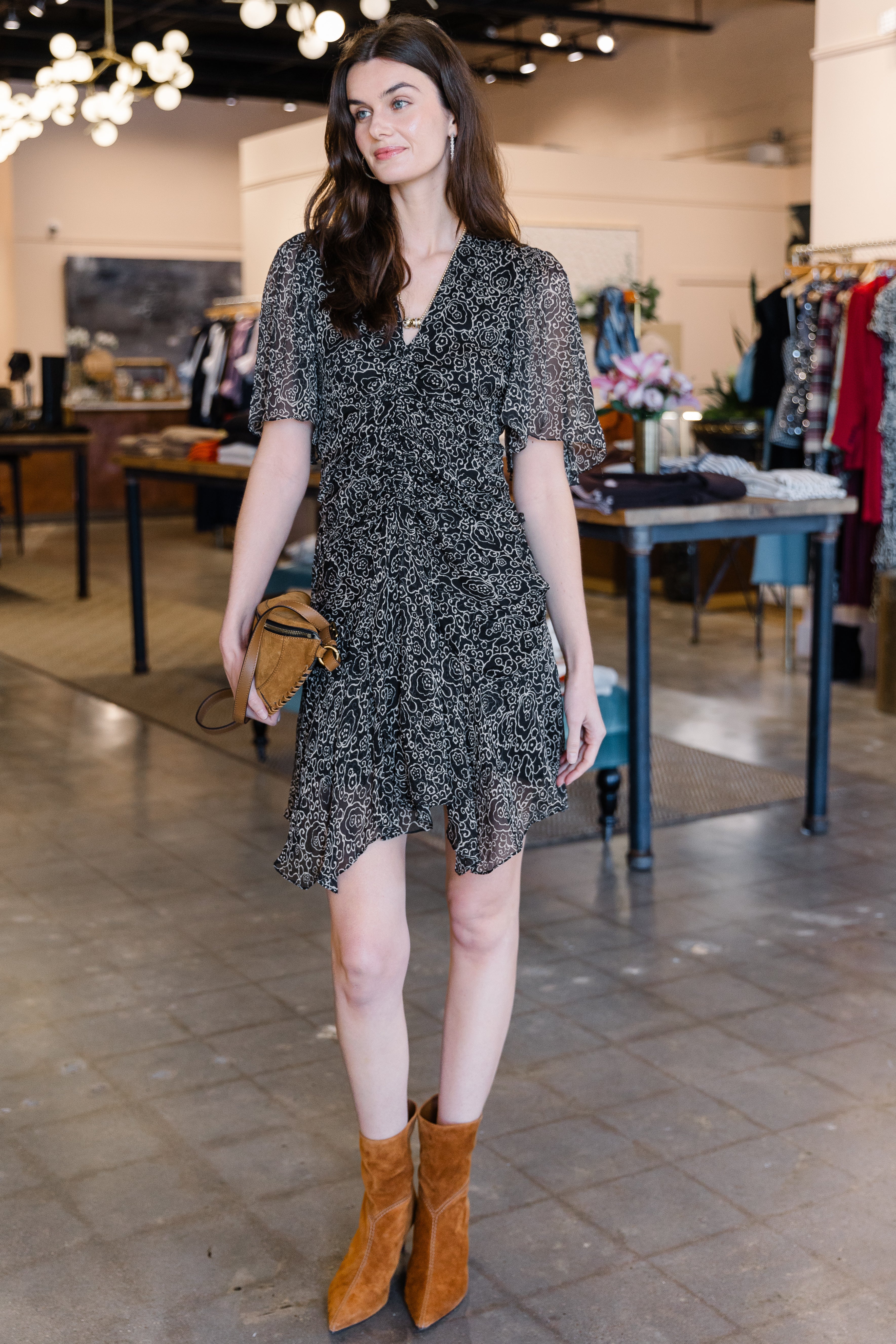 Vivienne Crinkled Chiffon Dress - Black/Ecru