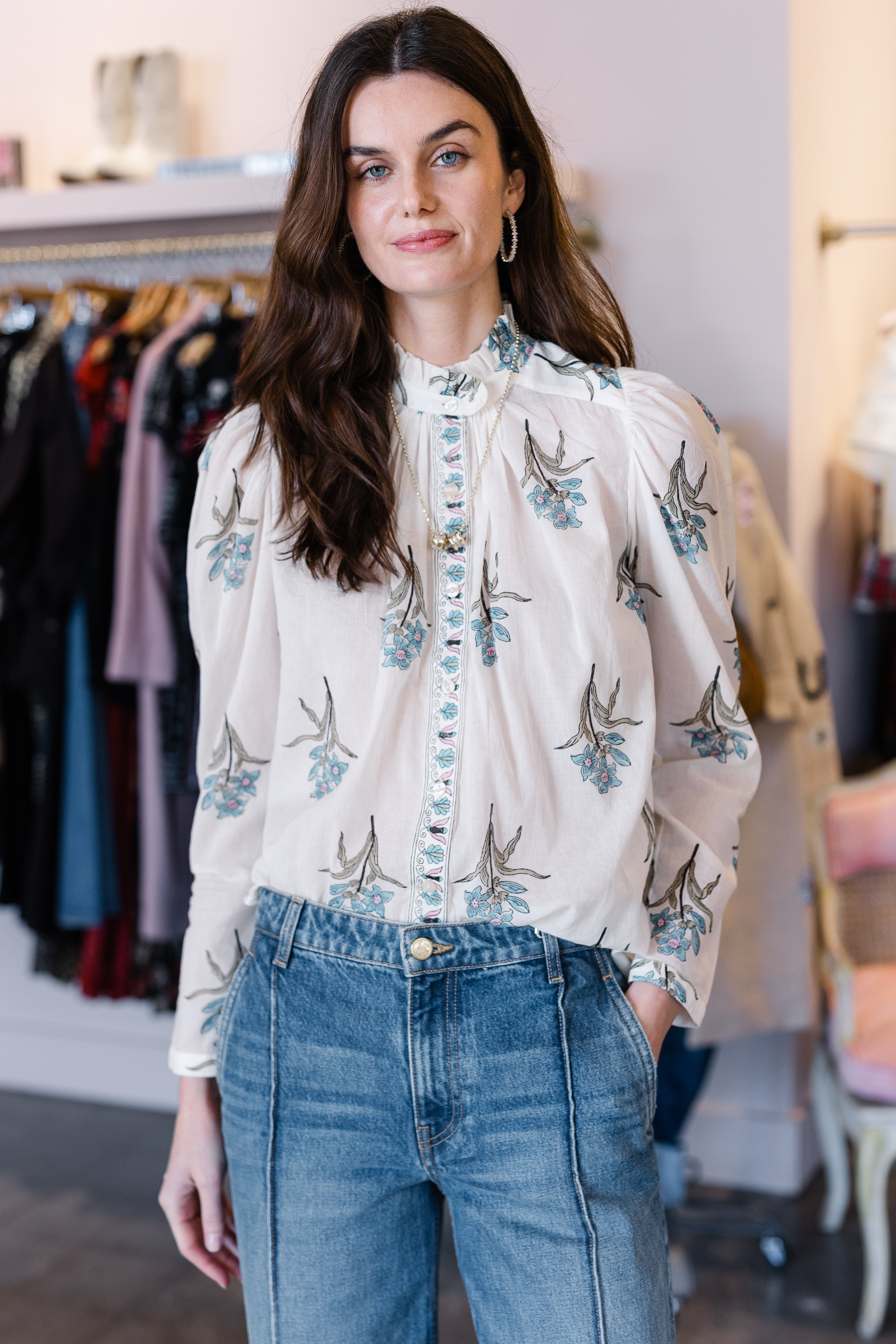 Artemis Sky Mist Flower Shirt - Off-White