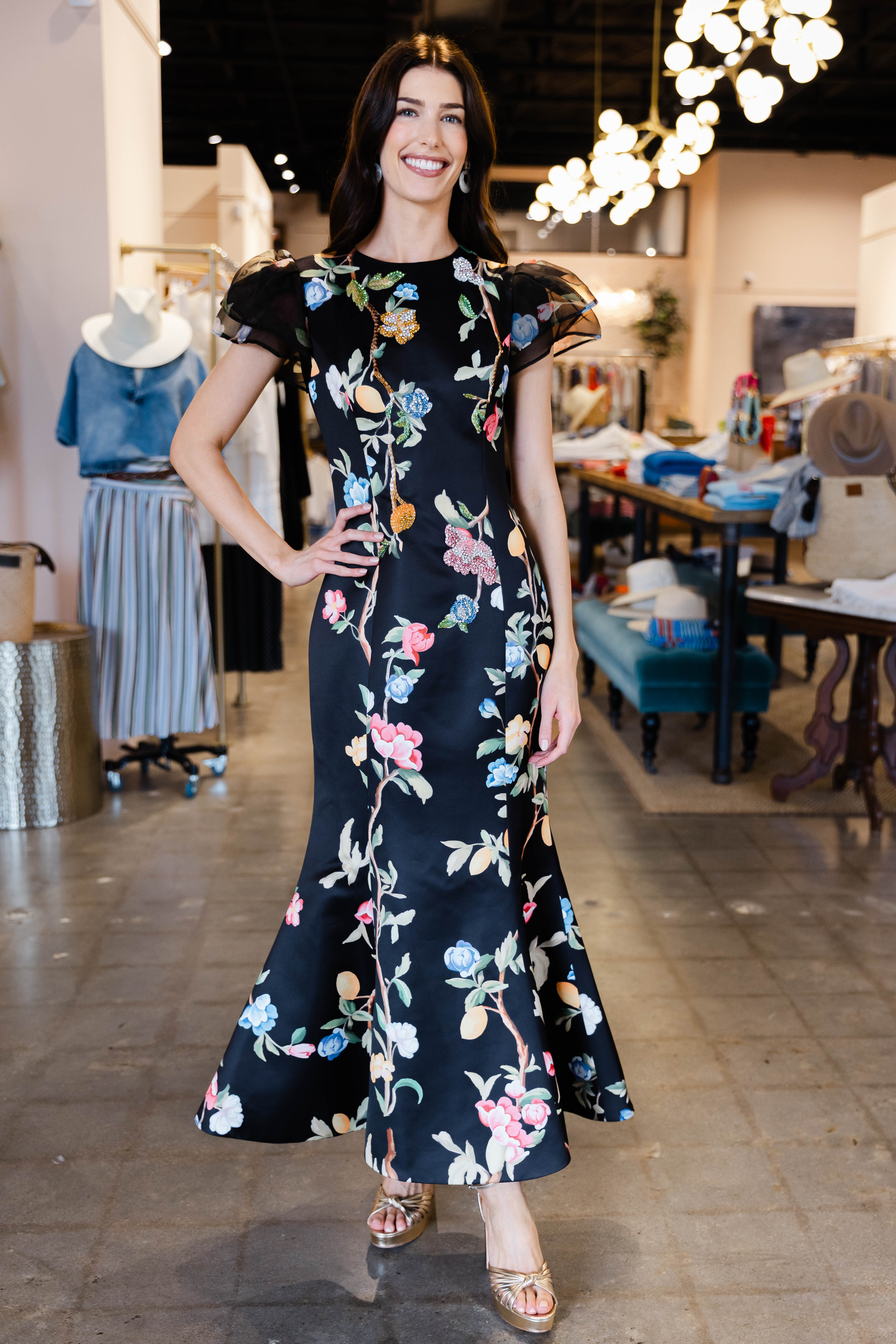 Sofia Embellished Puff Sleeve Maxi Dress - Lemon Vine Print in Ebony