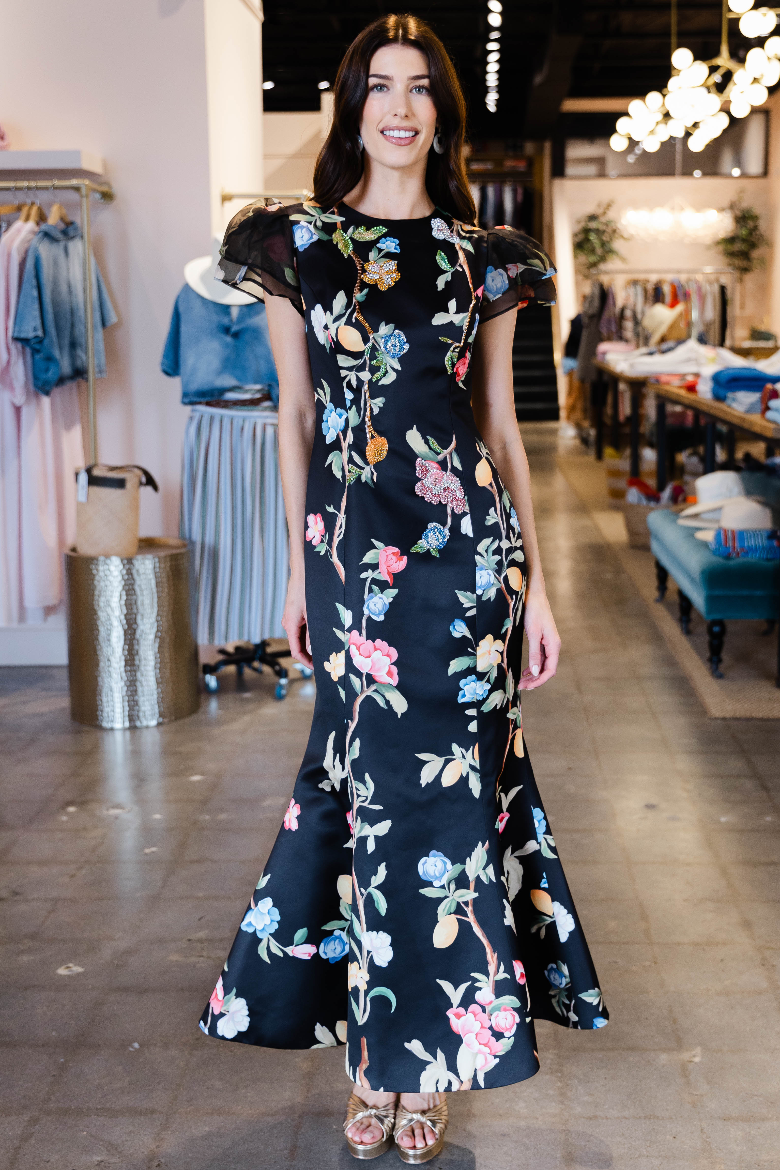 Sofia Embellished Puff Sleeve Maxi Dress - Lemon Vine Print in Ebony