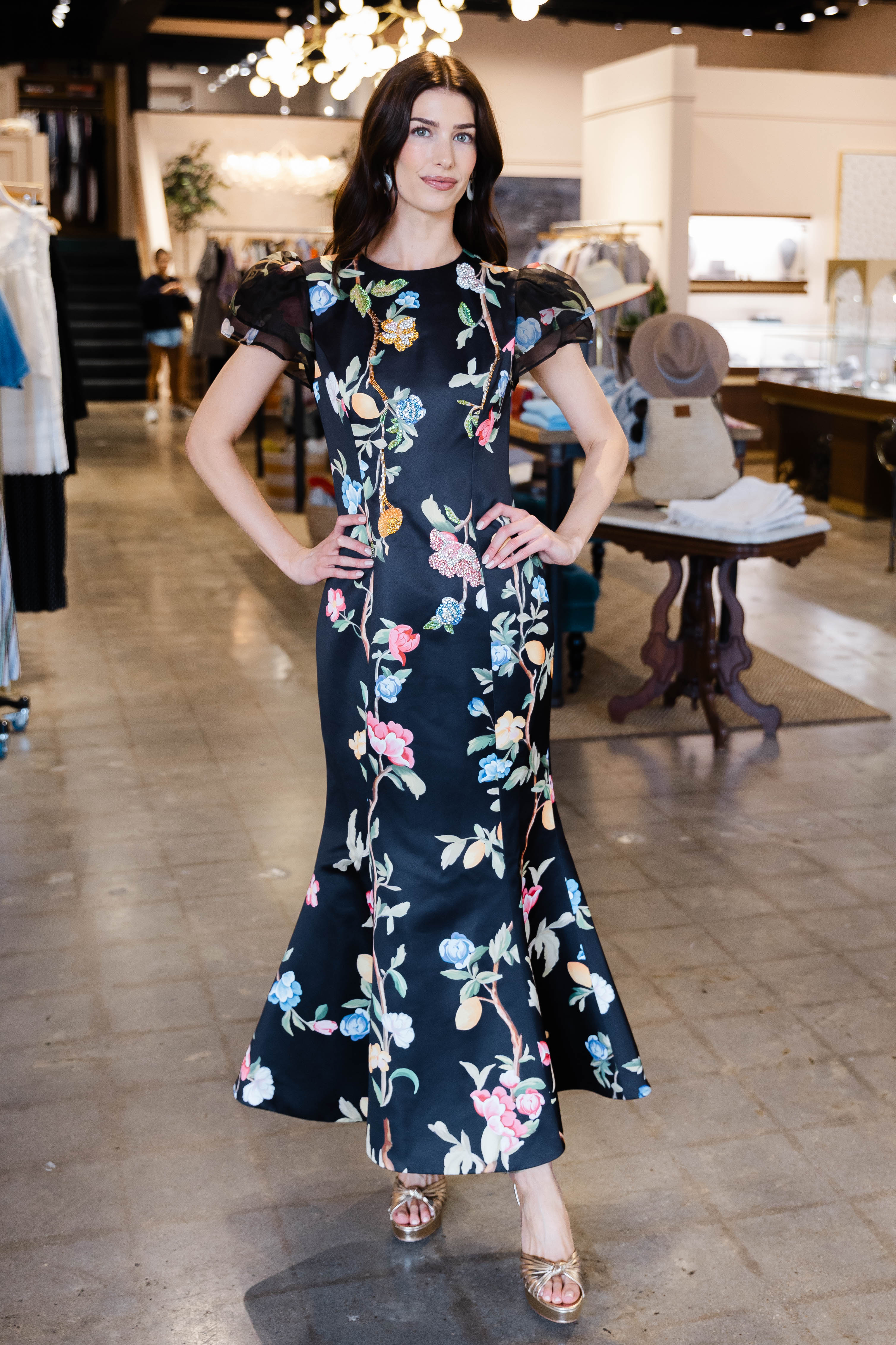 Sofia Embellished Puff Sleeve Maxi Dress - Lemon Vine Print in Ebony