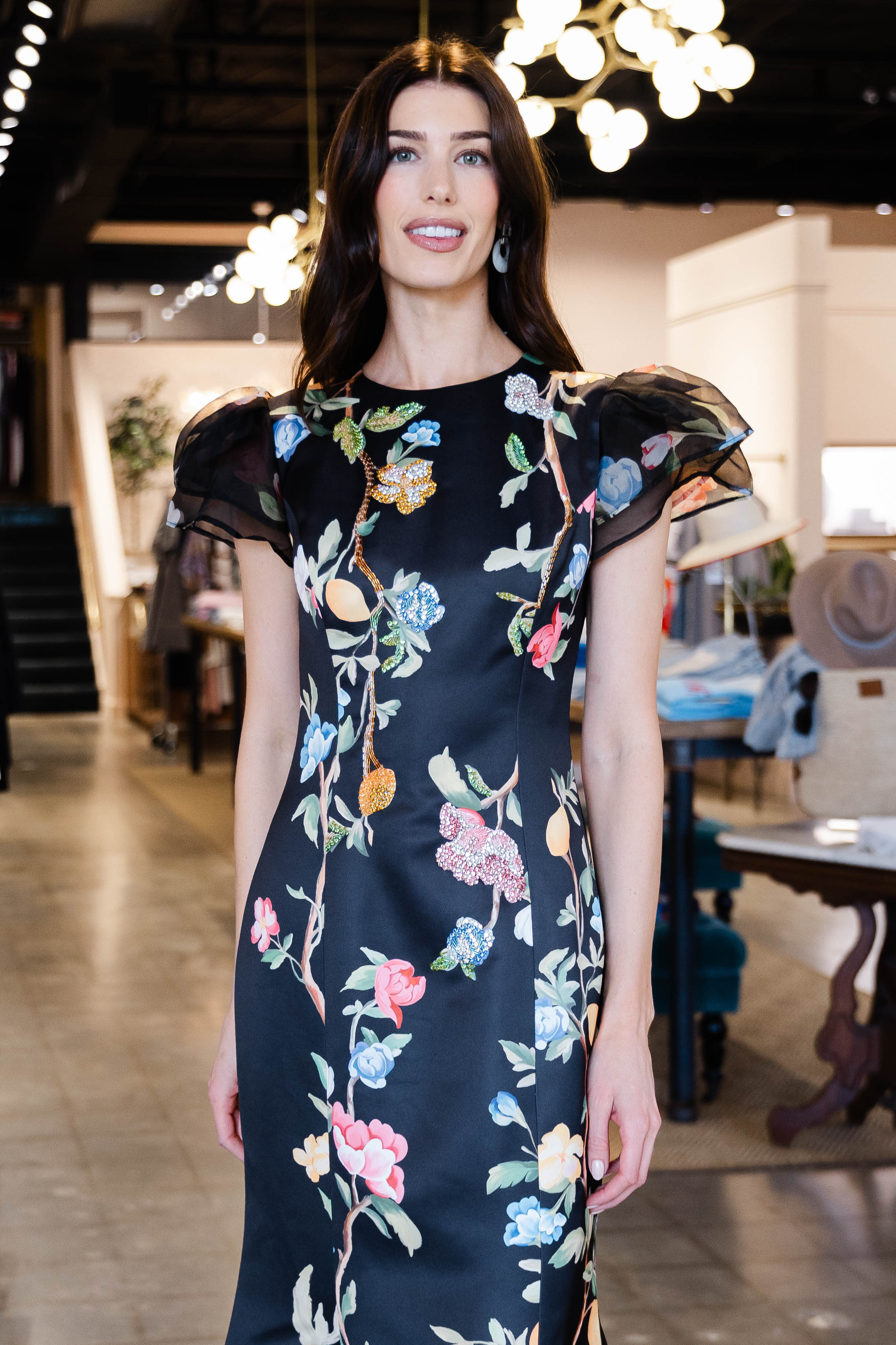 Sofia Embellished Puff Sleeve Maxi Dress - Lemon Vine Print in Ebony