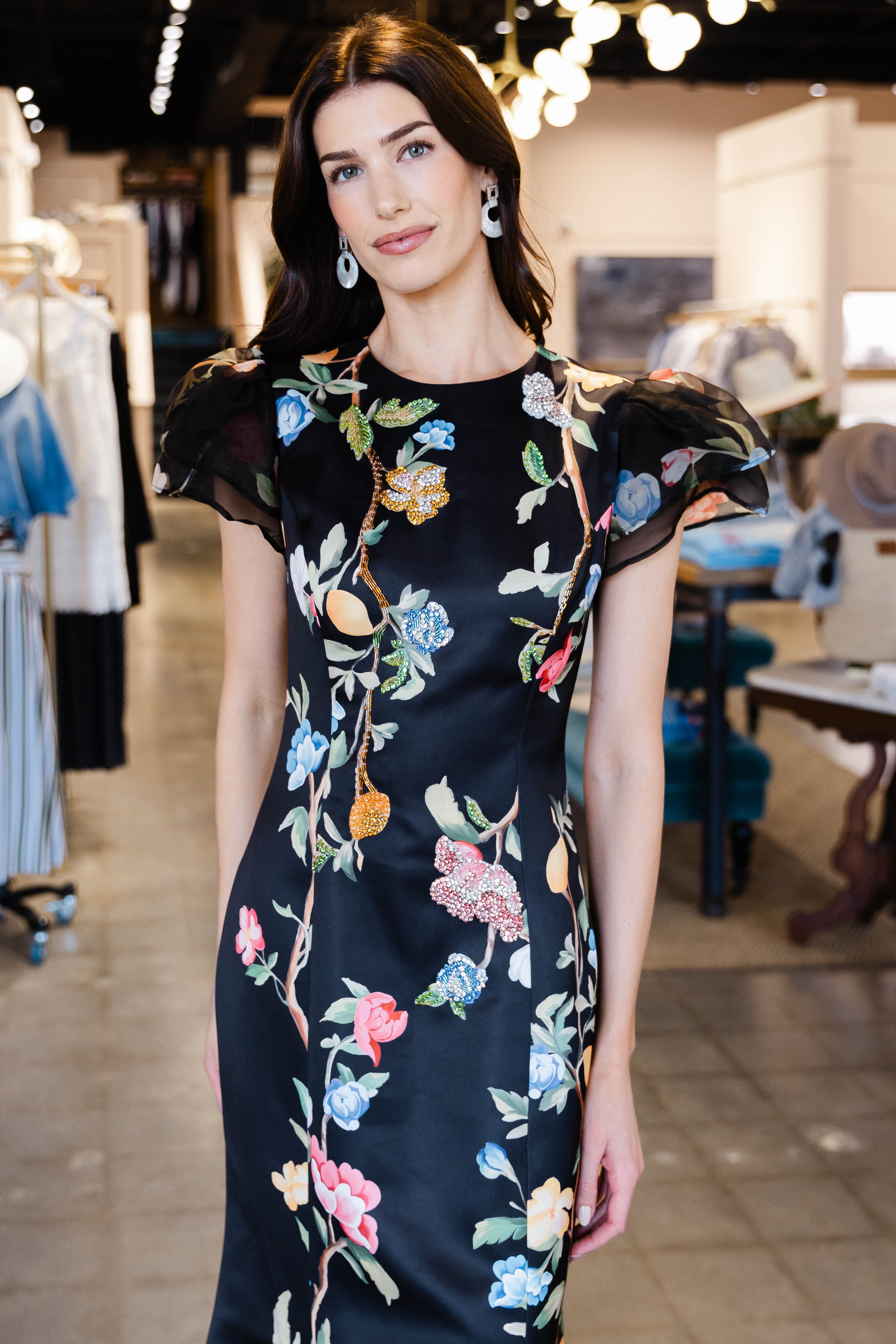 Sofia Embellished Puff Sleeve Maxi Dress - Lemon Vine Print in Ebony