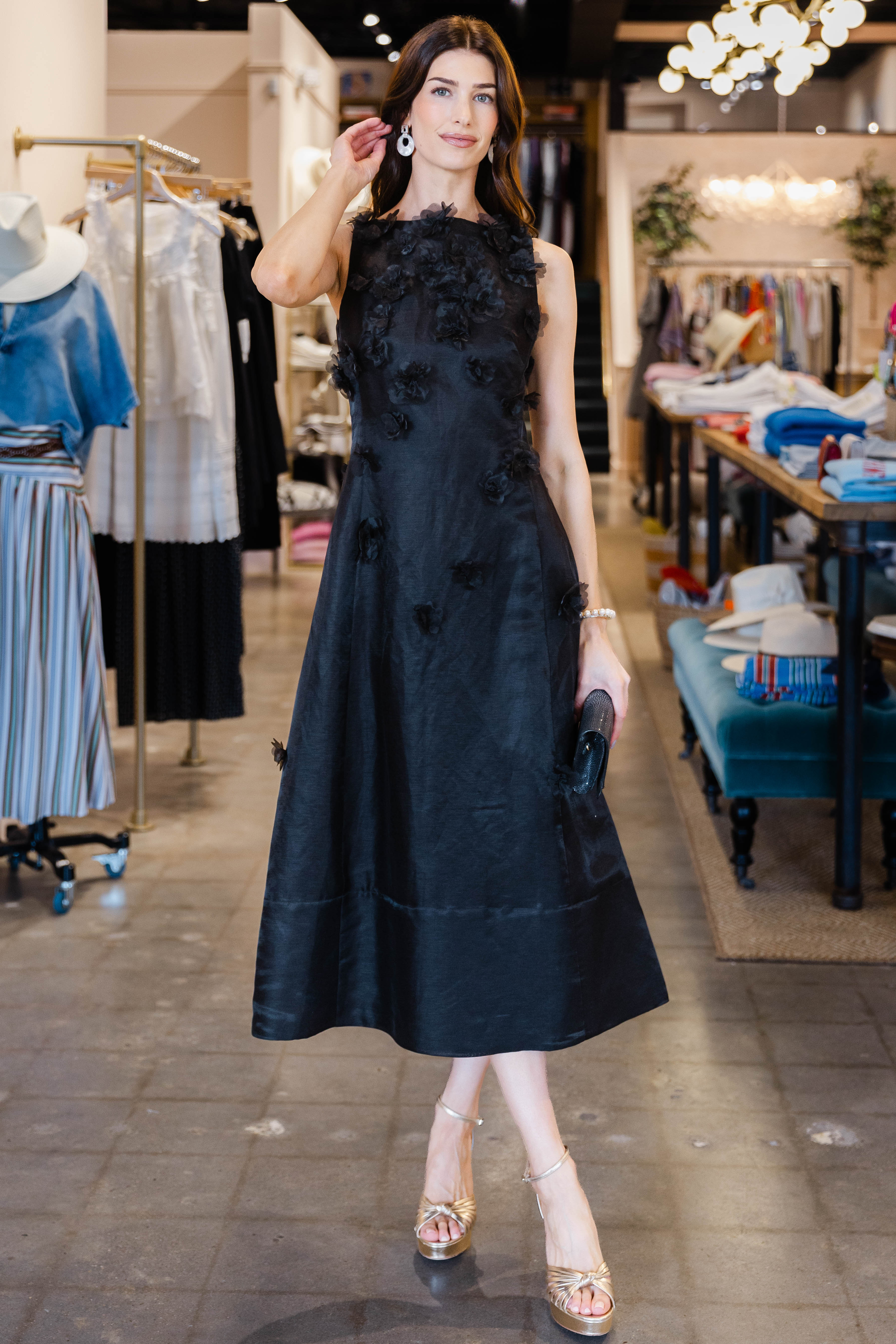Cleo Petal Sleeveless Midi Dress- Ebony