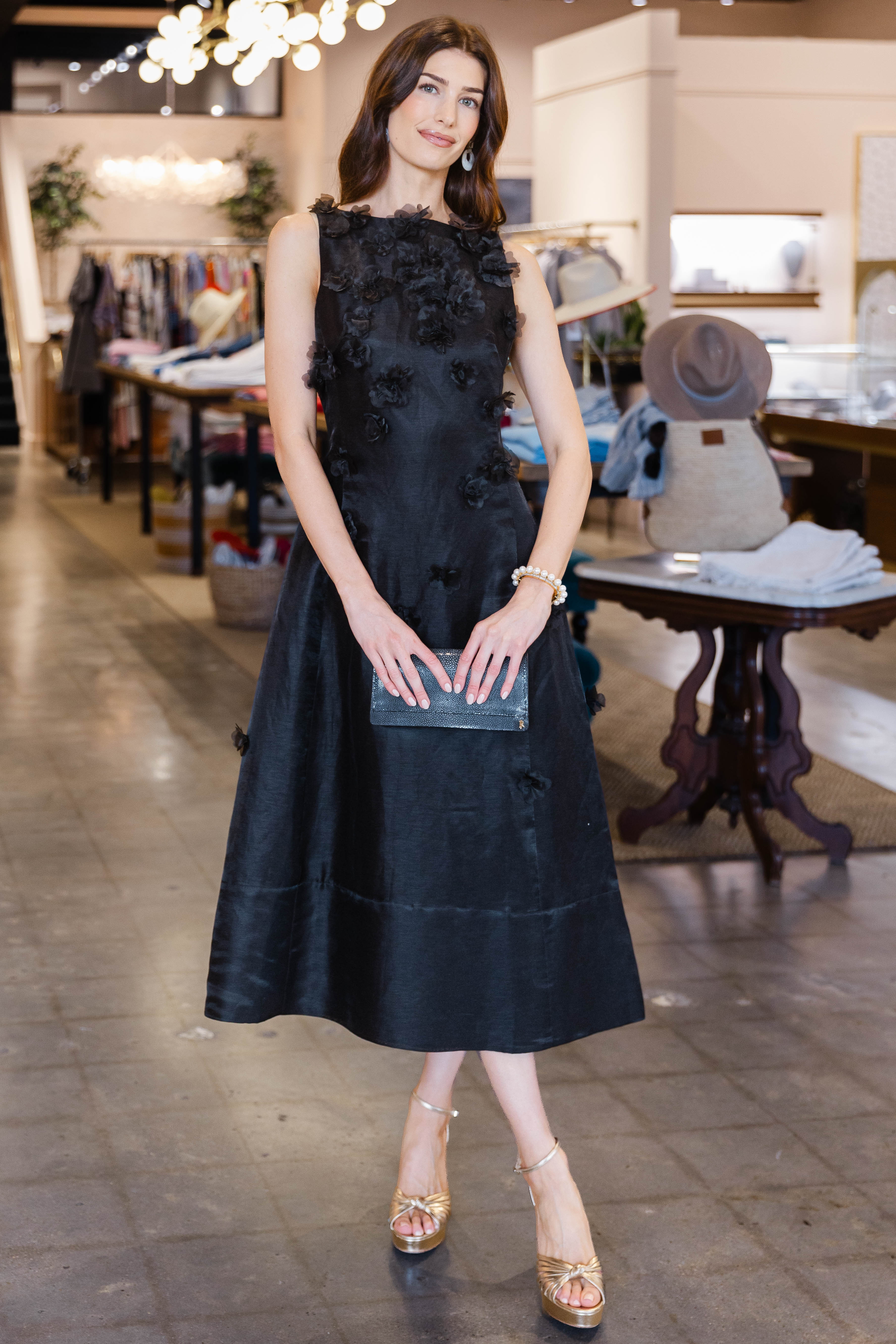 Cleo Petal Sleeveless Midi Dress- Ebony