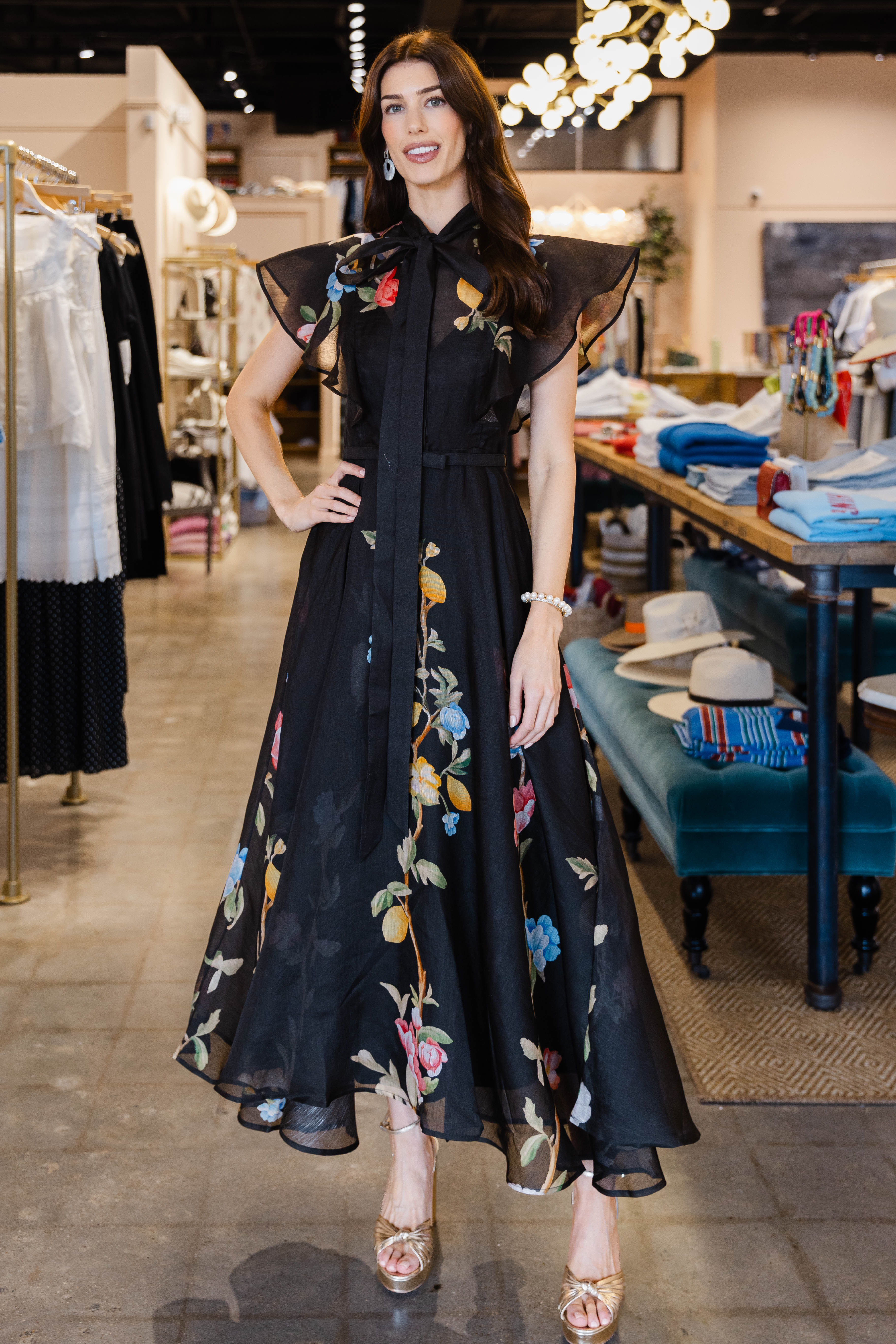 Elsie Flutter Sleeve Midi Dress - Lemon Vine Print in Ebony