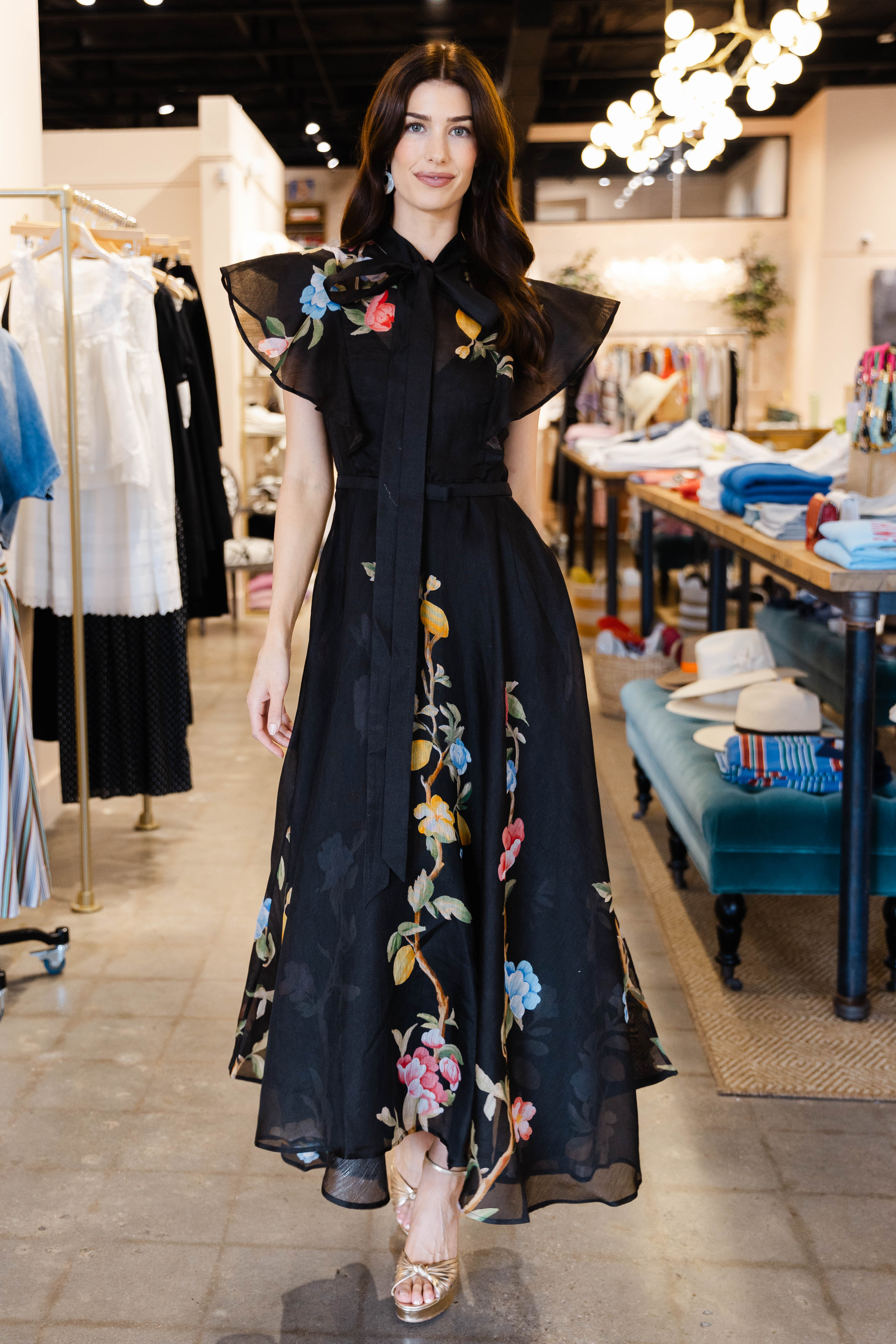 Elsie Flutter Sleeve Midi Dress - Lemon Vine Print in Ebony