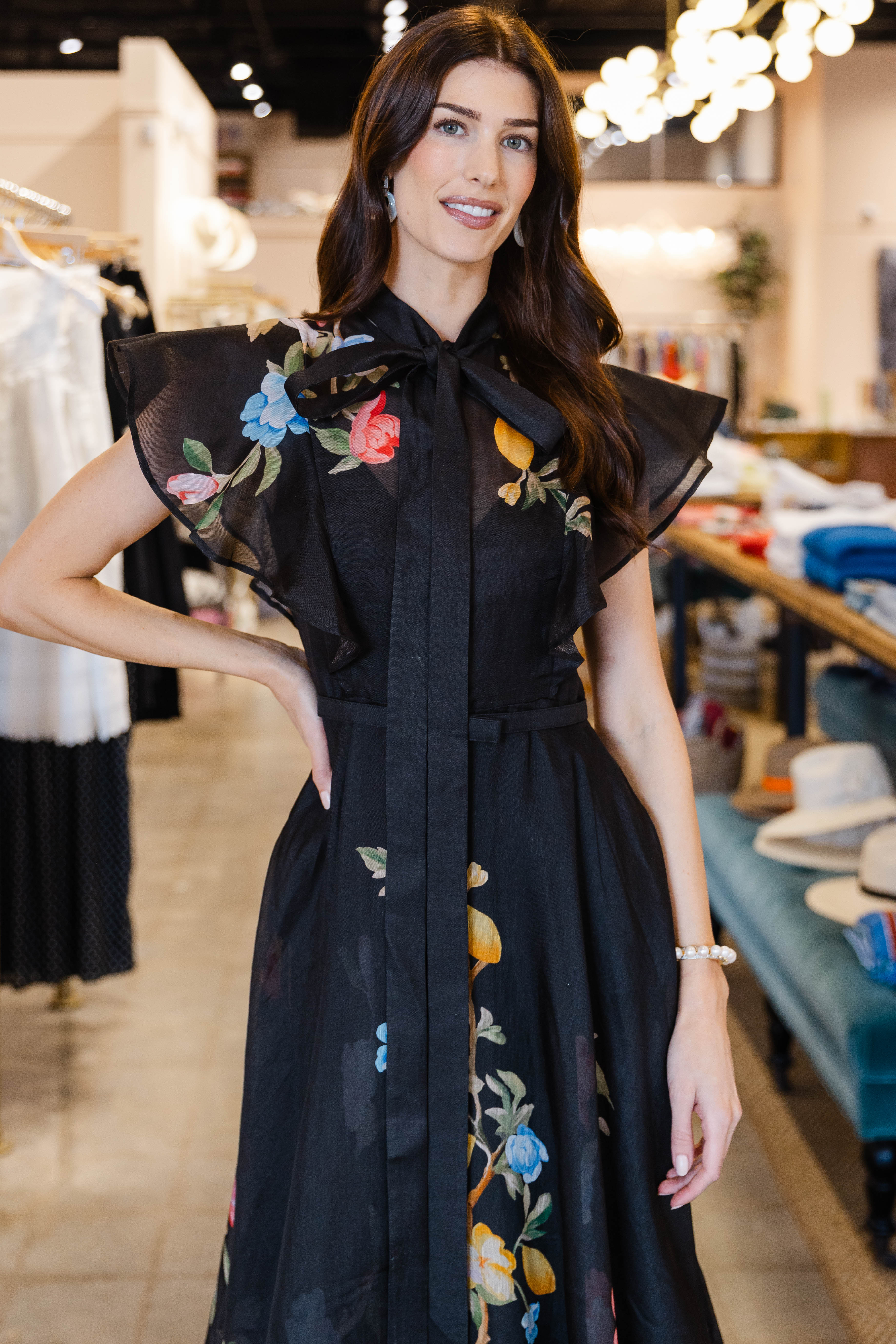 Elsie Flutter Sleeve Midi Dress - Lemon Vine Print in Ebony