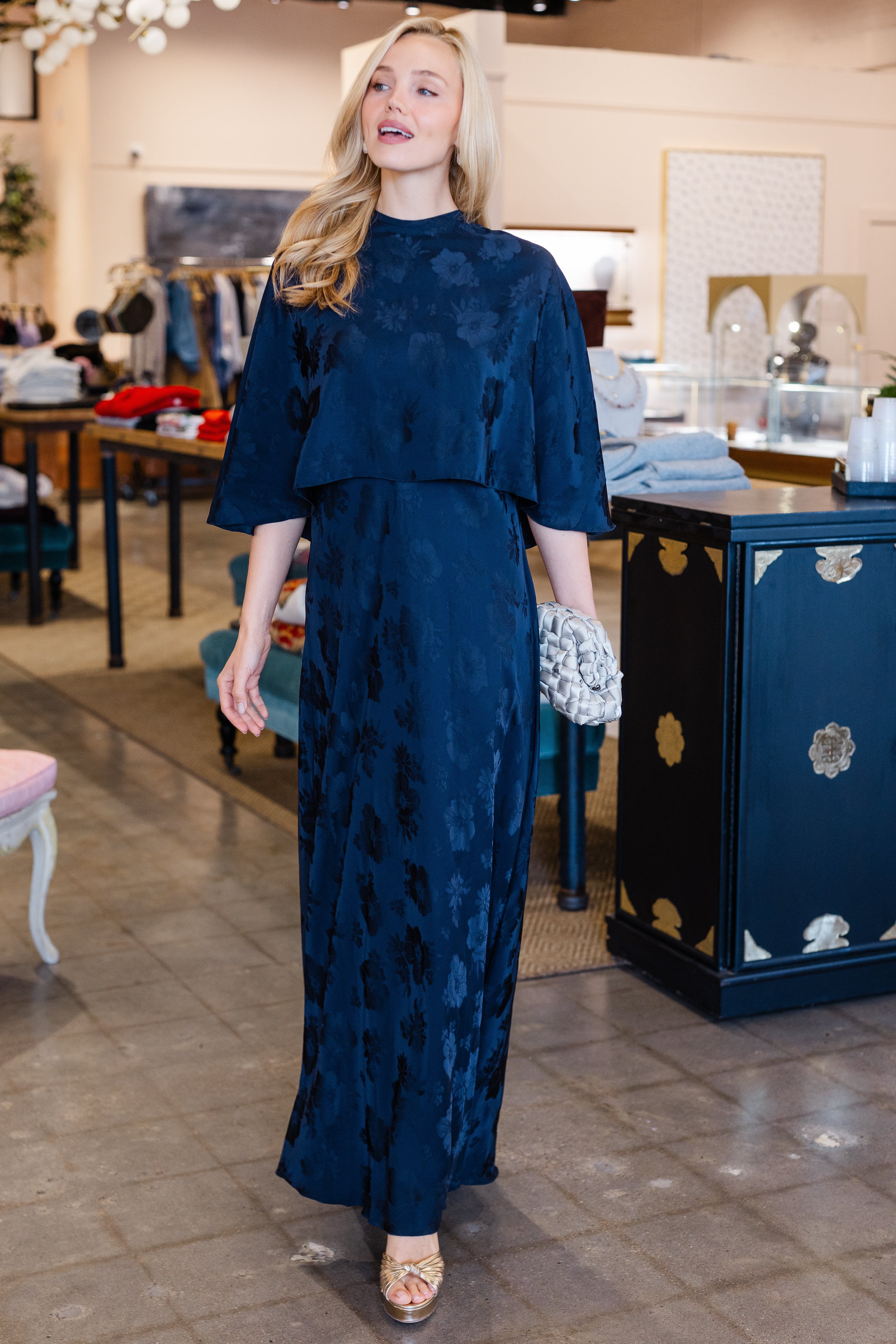 Fluid Bouquet Jacquard Bias Dress with Cape - Notte