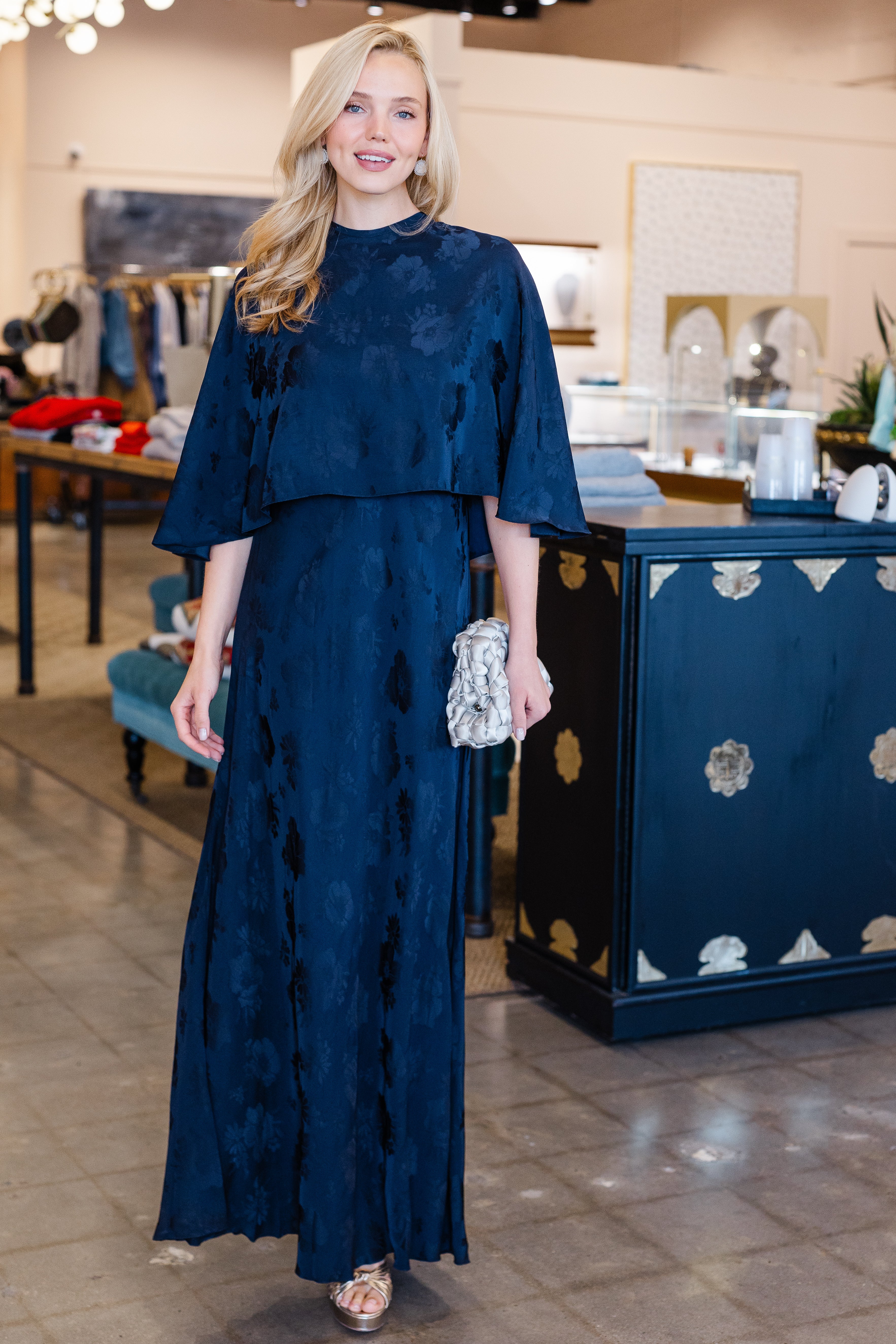 Fluid Bouquet Jacquard Bias Dress with Cape - Notte