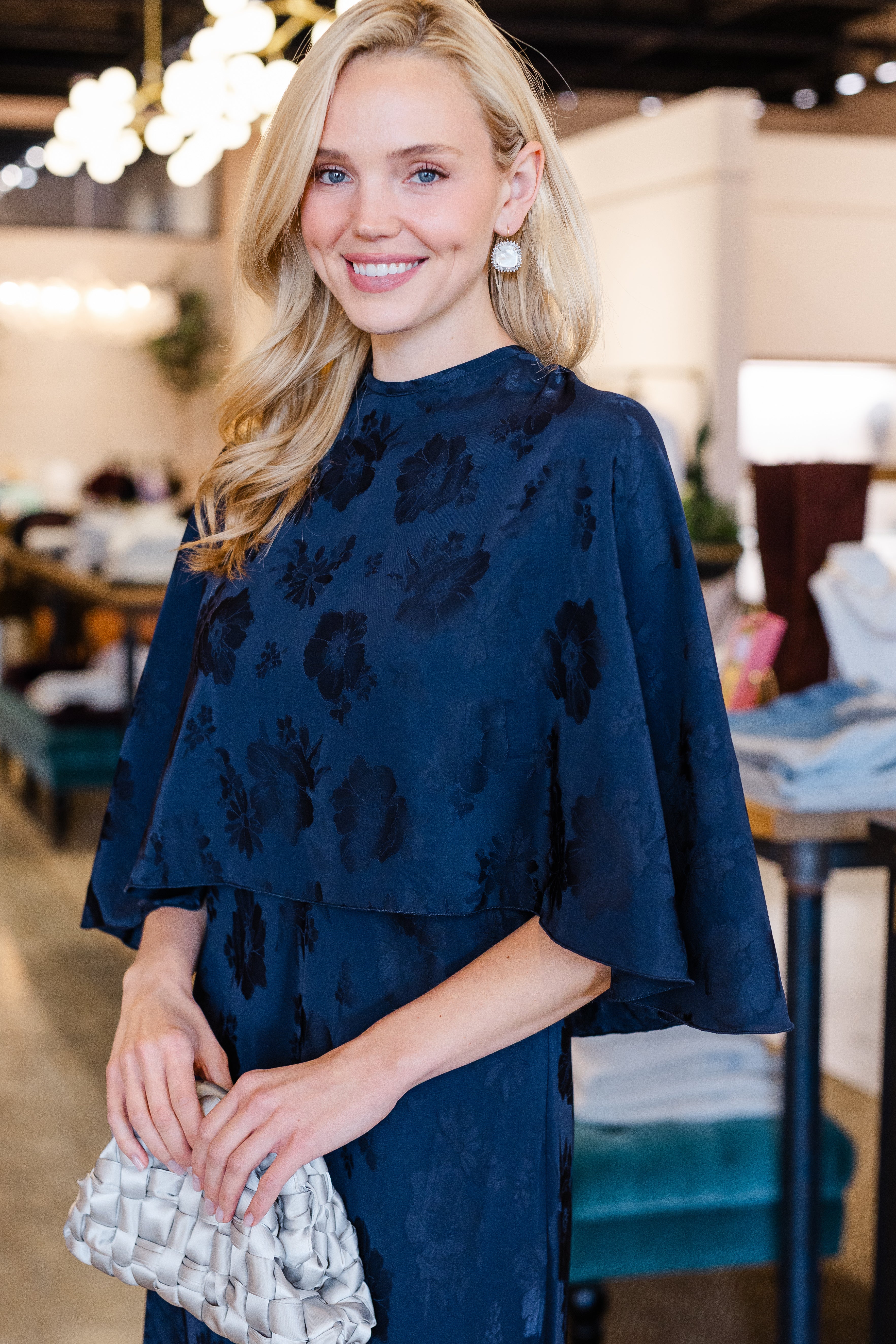 Fluid Bouquet Jacquard Bias Dress with Cape - Notte