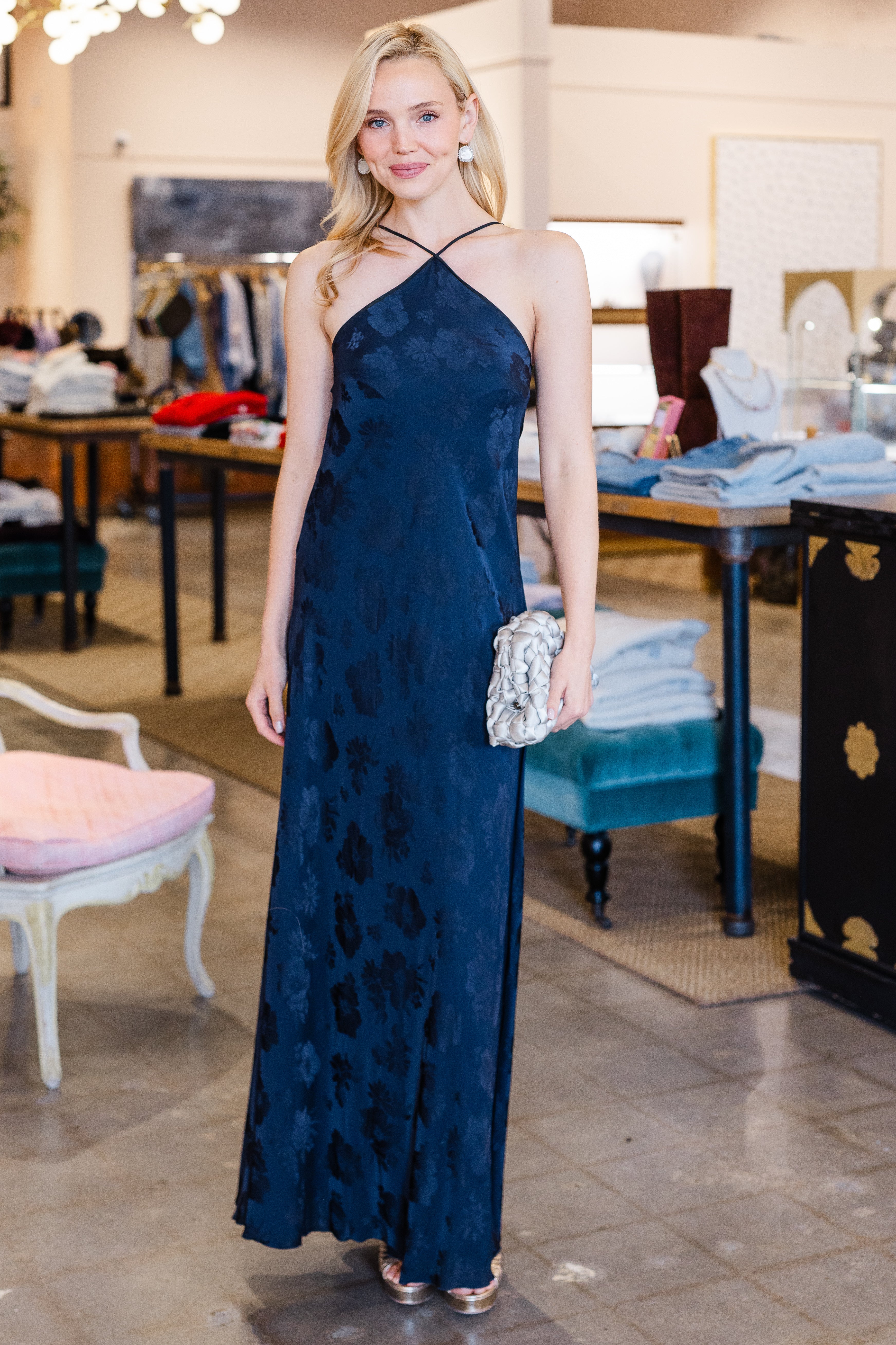 Fluid Bouquet Jacquard Bias Dress with Cape - Notte