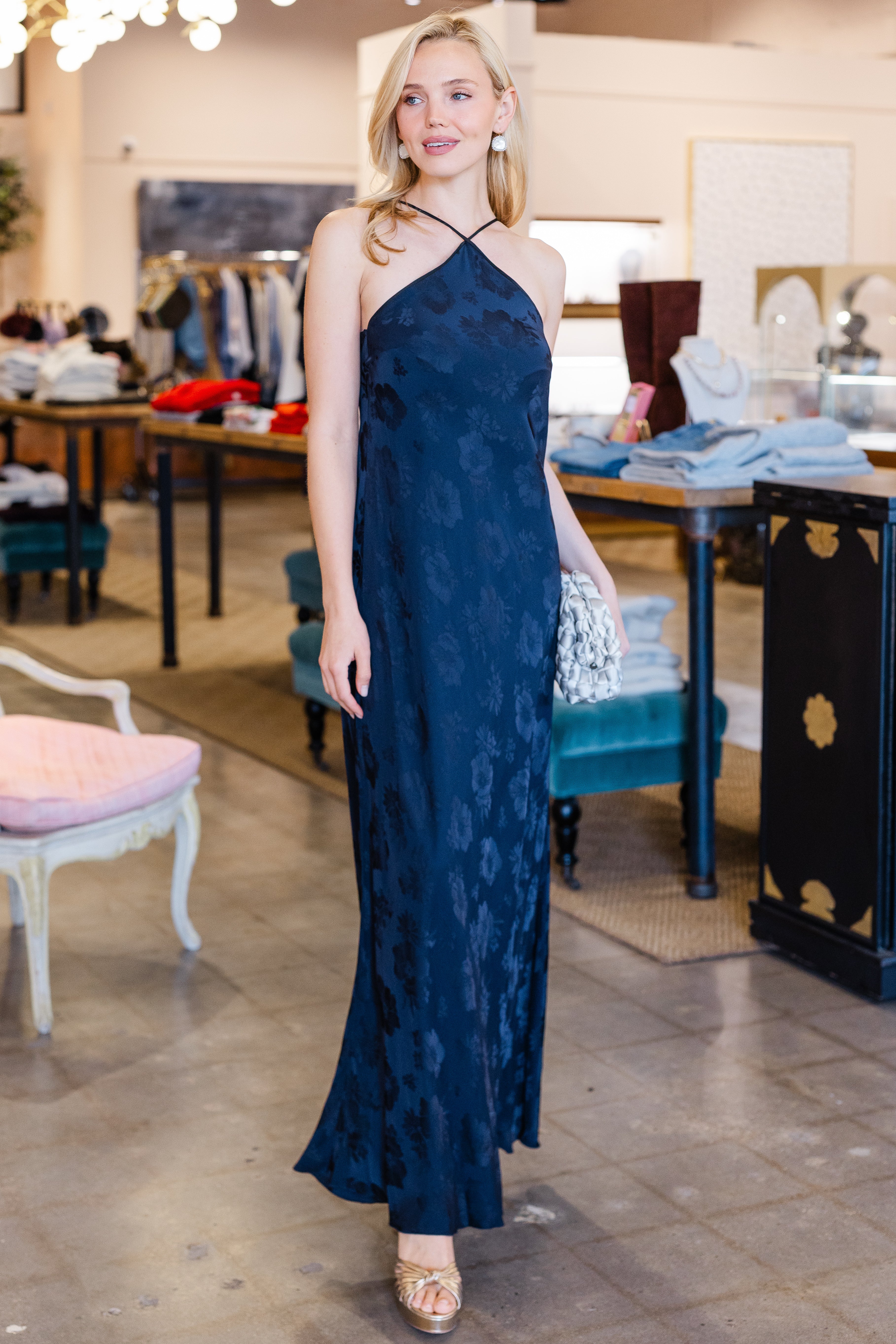 Fluid Bouquet Jacquard Bias Dress with Cape - Notte