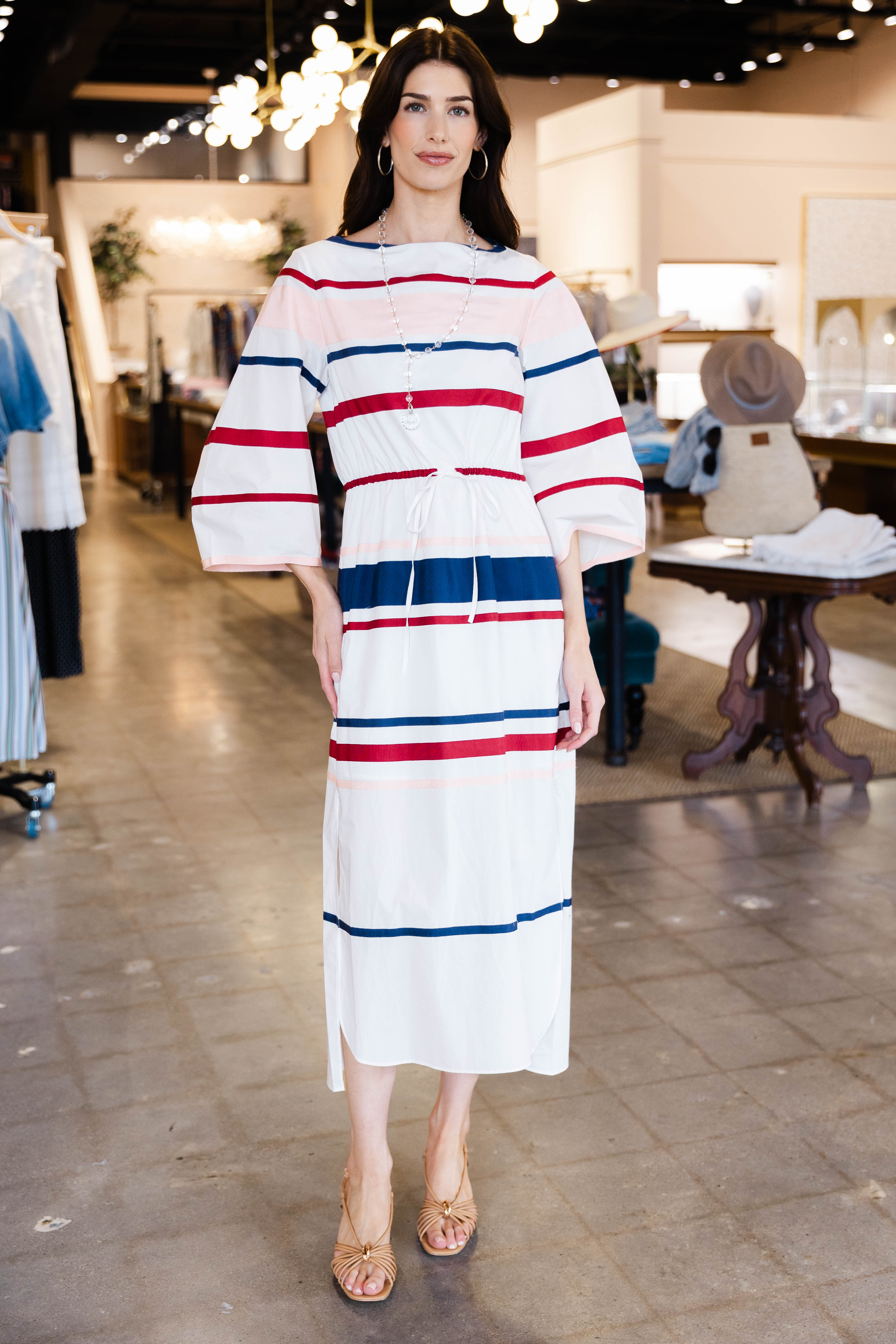 Ribbon Caftan Dress In Cotton Poplin - White Multi