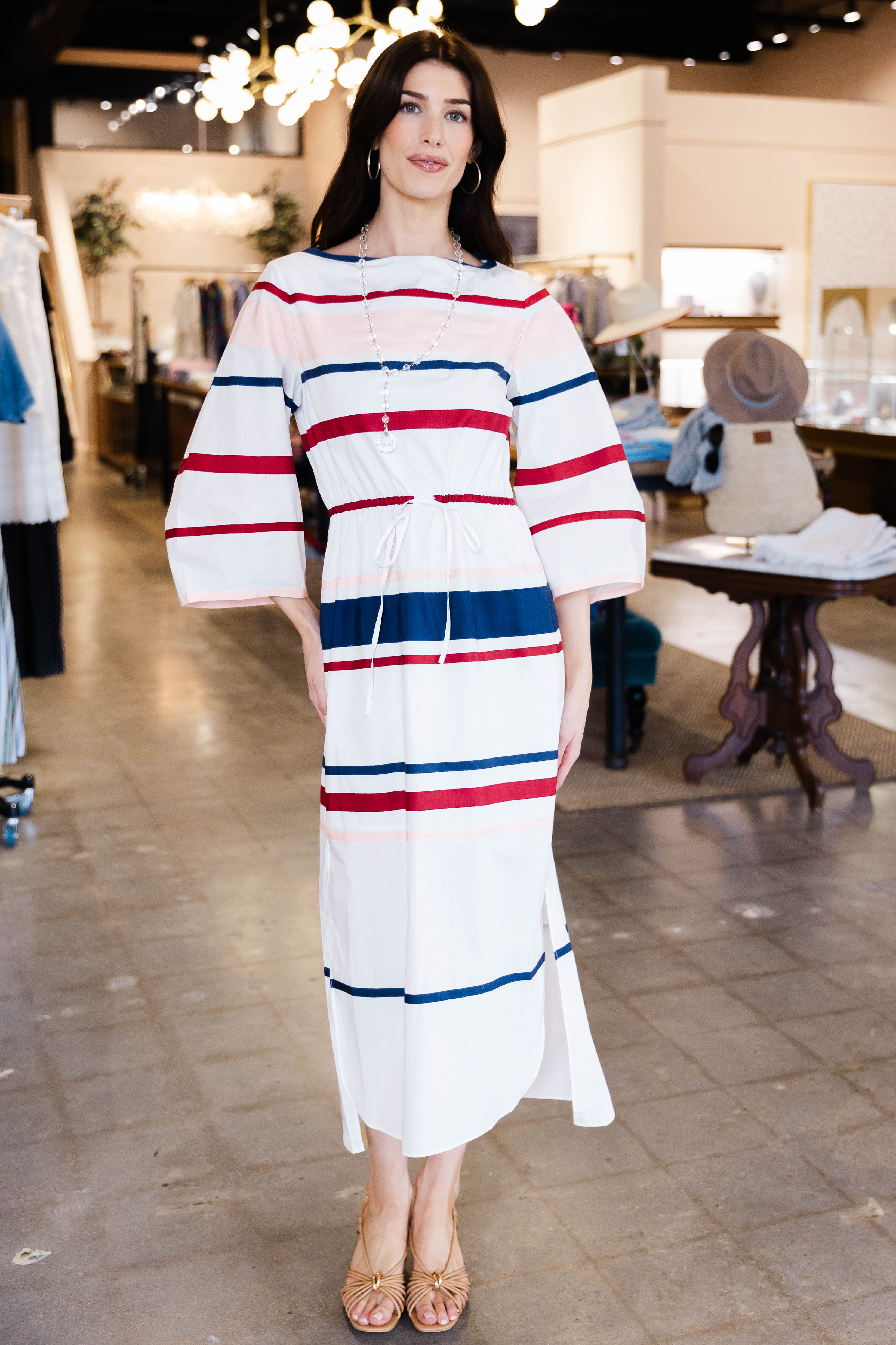 Ribbon Caftan Dress In Cotton Poplin - White Multi