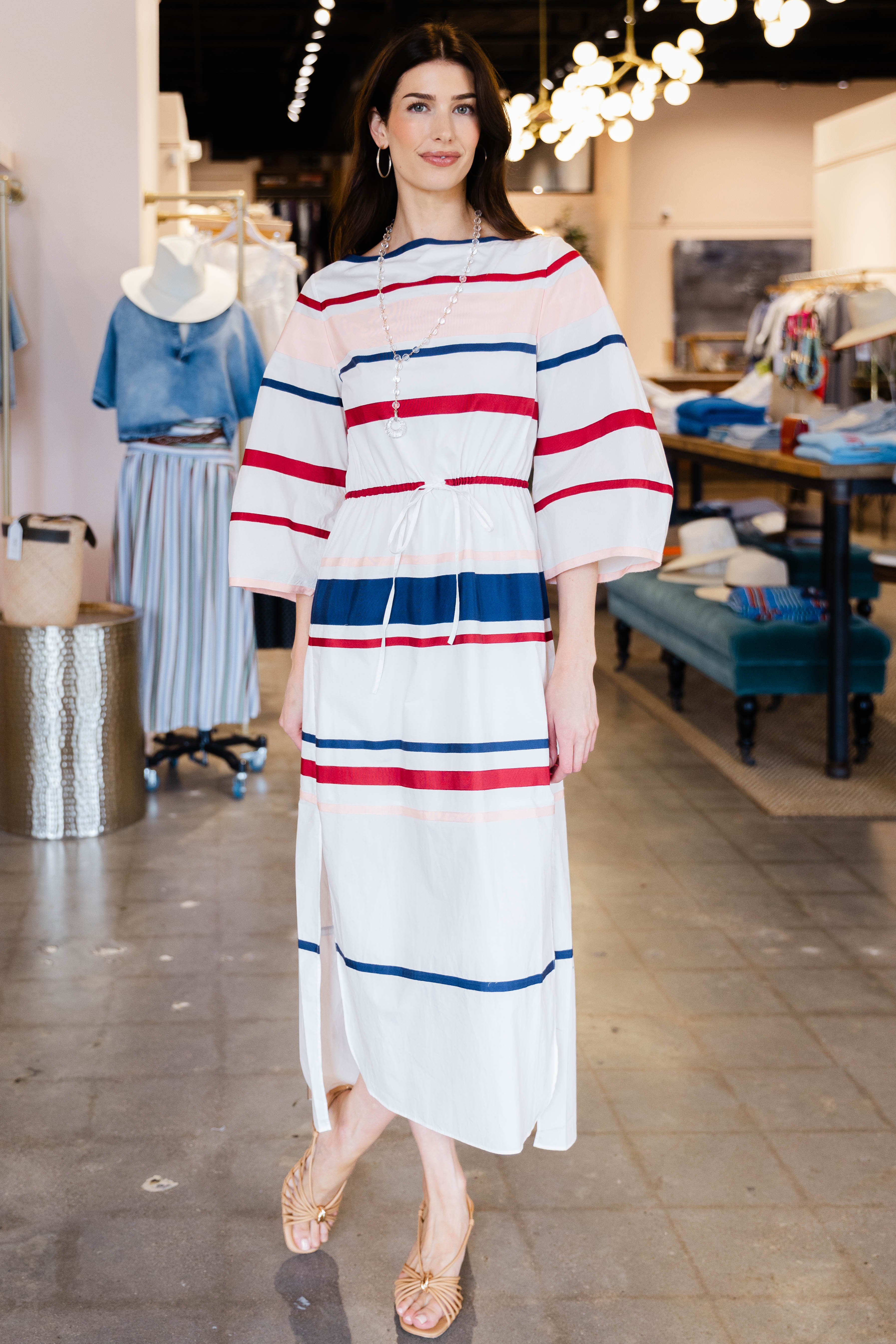 Ribbon Caftan Dress In Cotton Poplin - White Multi