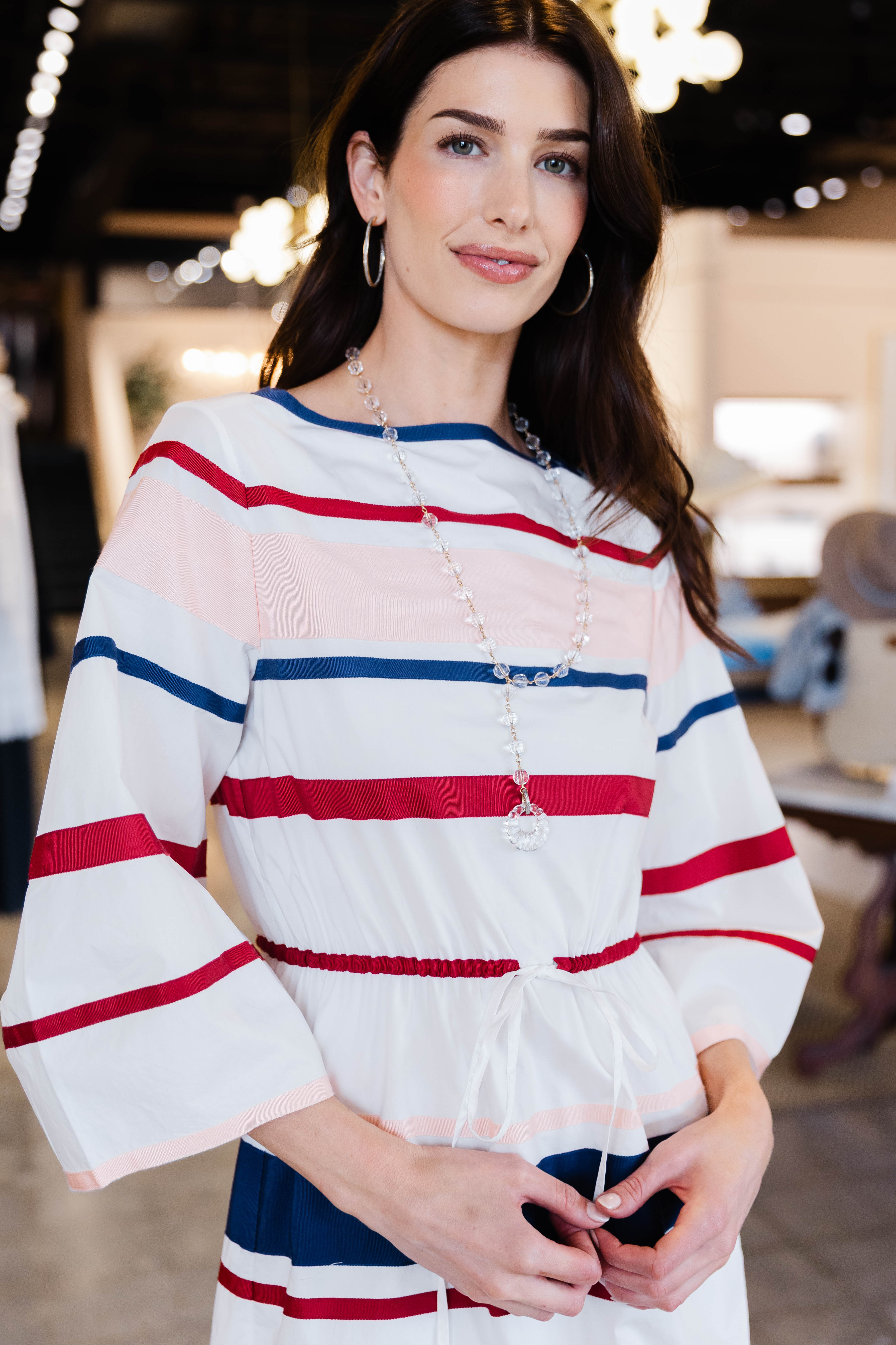 Ribbon Caftan Dress In Cotton Poplin - White Multi